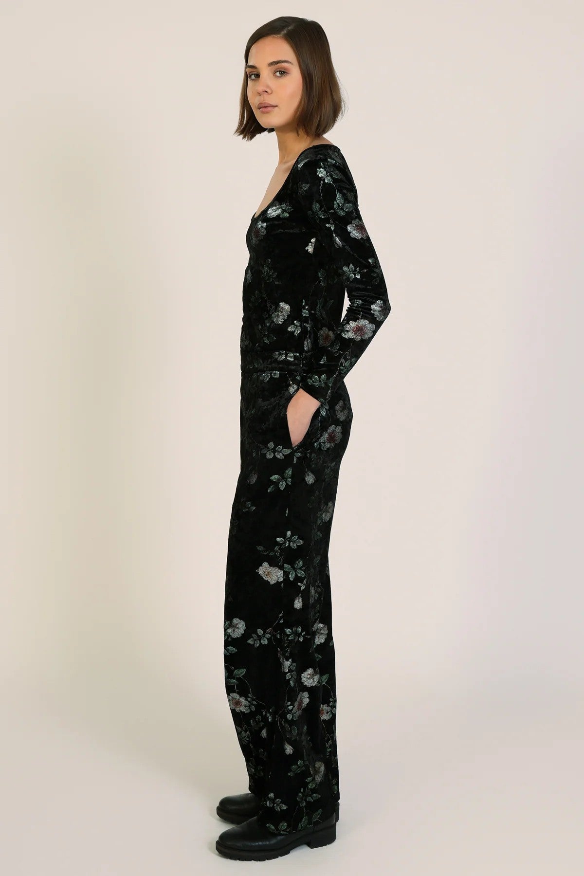 Traffic People Swan Song Edith Wide Leg Velvet Trousers In Black Floral