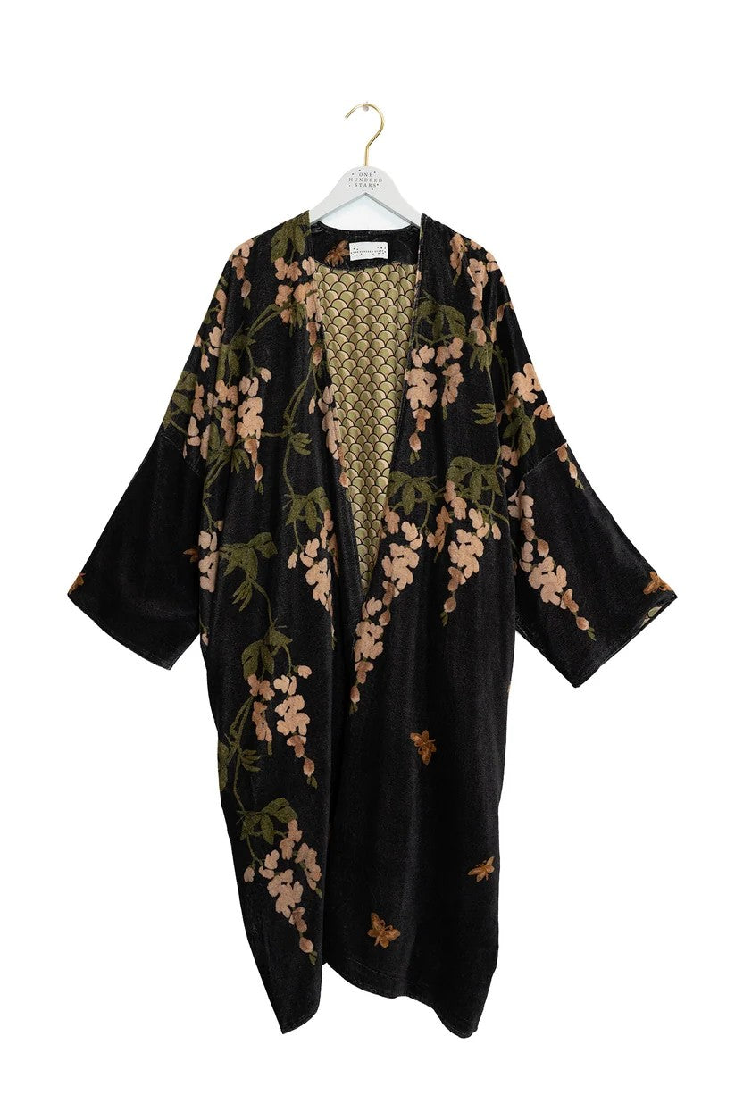 One Hundred Stars Wisteria Velvet Grande Kimono In Black