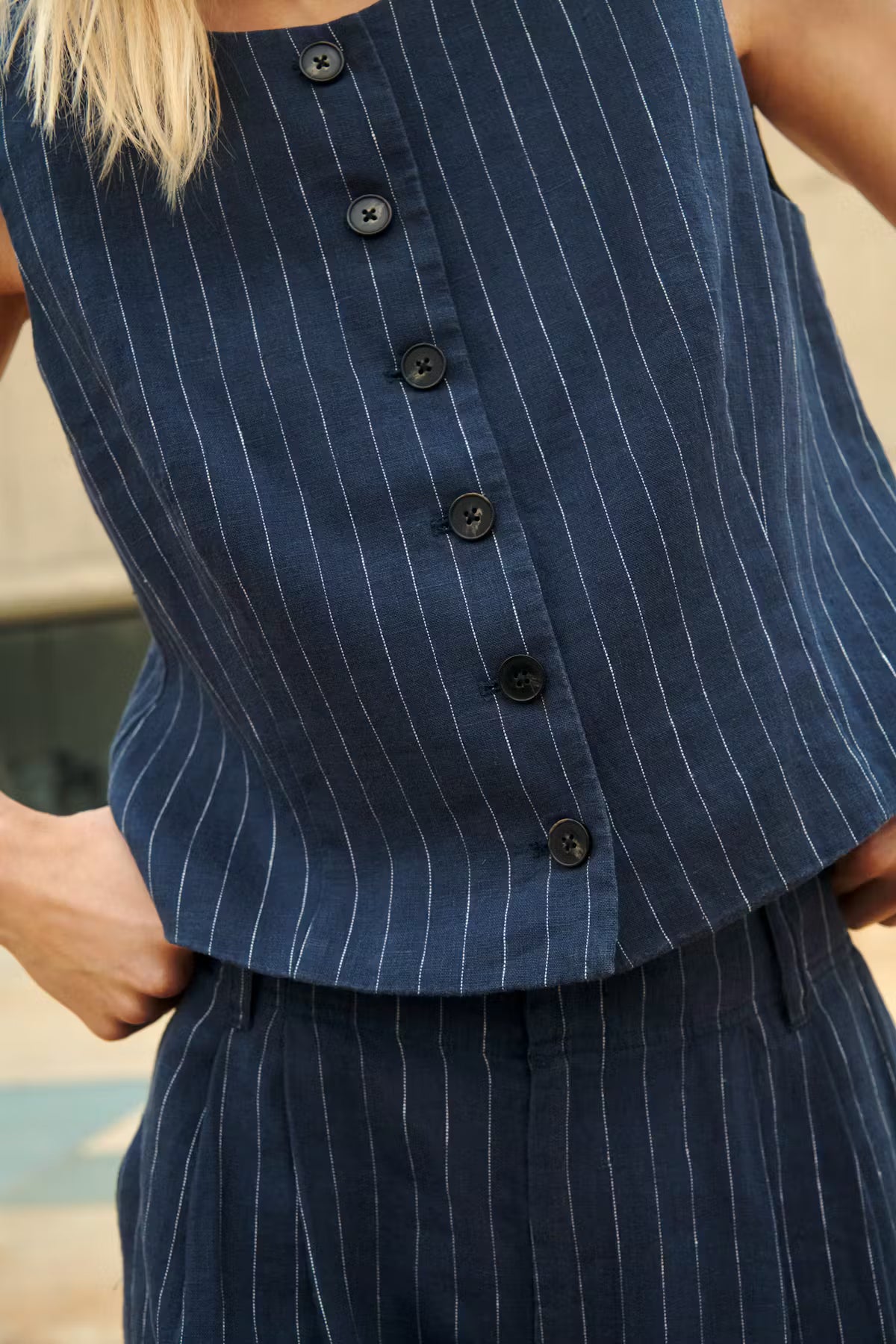 Part Two Azania Linen Waistcoat In Blue Nights Pinstripe