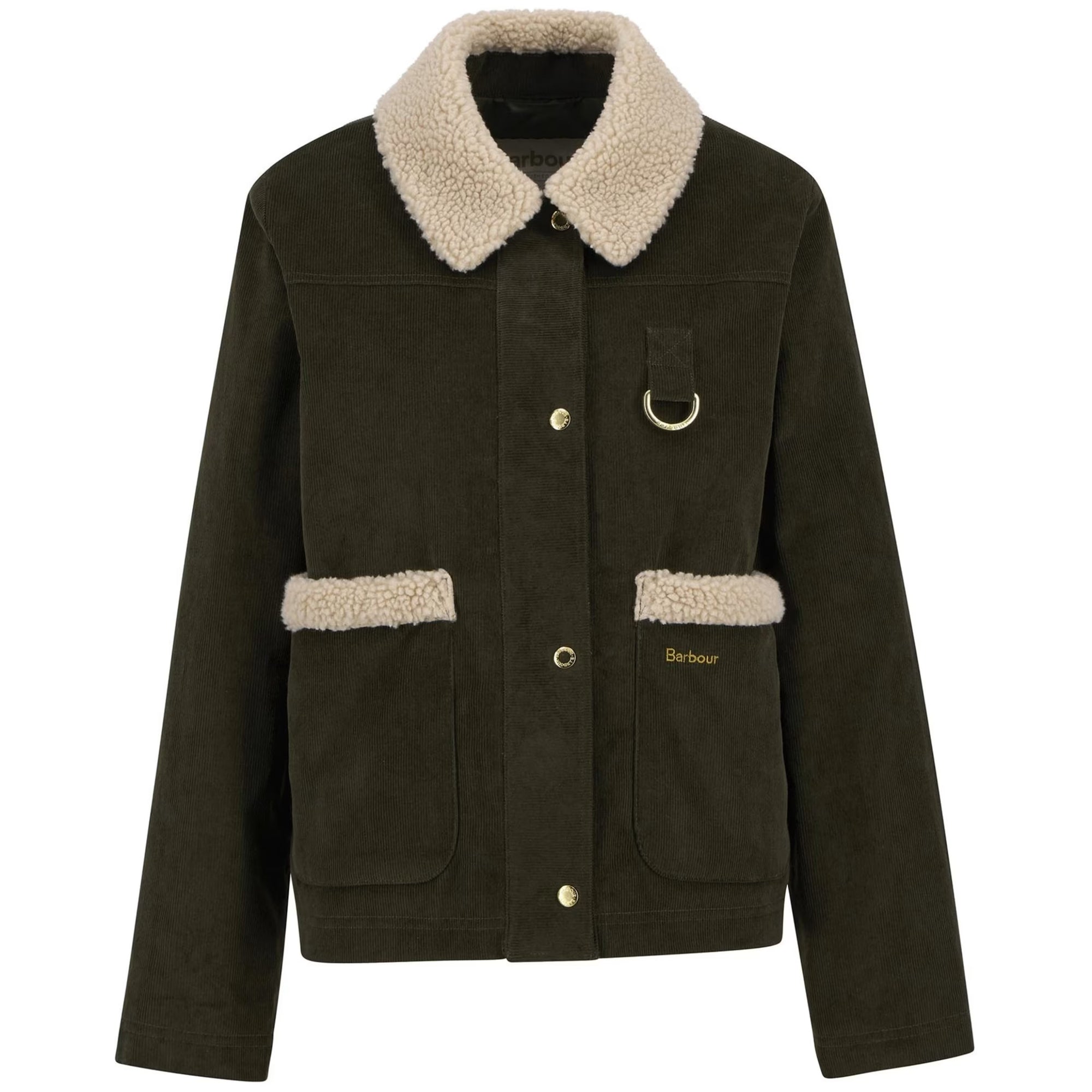 Dark brown jacket with beige collar and trim on a white background