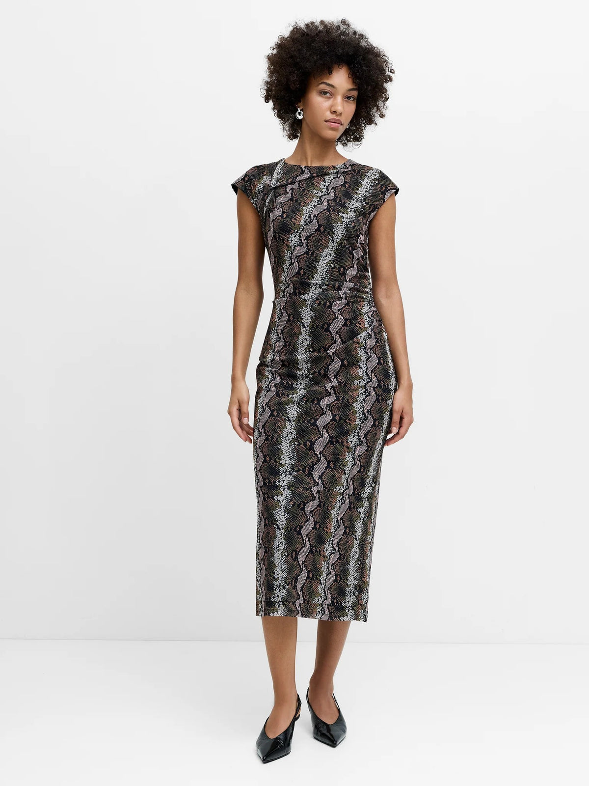 French Connection Lola Snakeskin Ruched Mesh Midi Dress In Black Multi 71-W26-0100