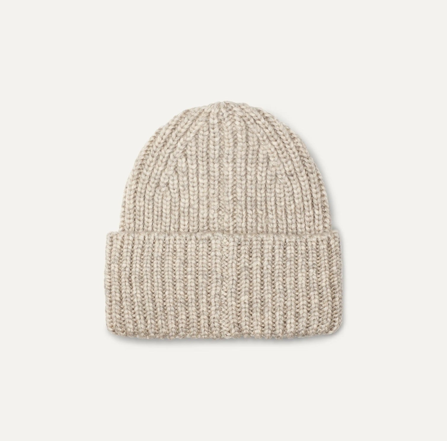 Beige knit beanie on a light gray background