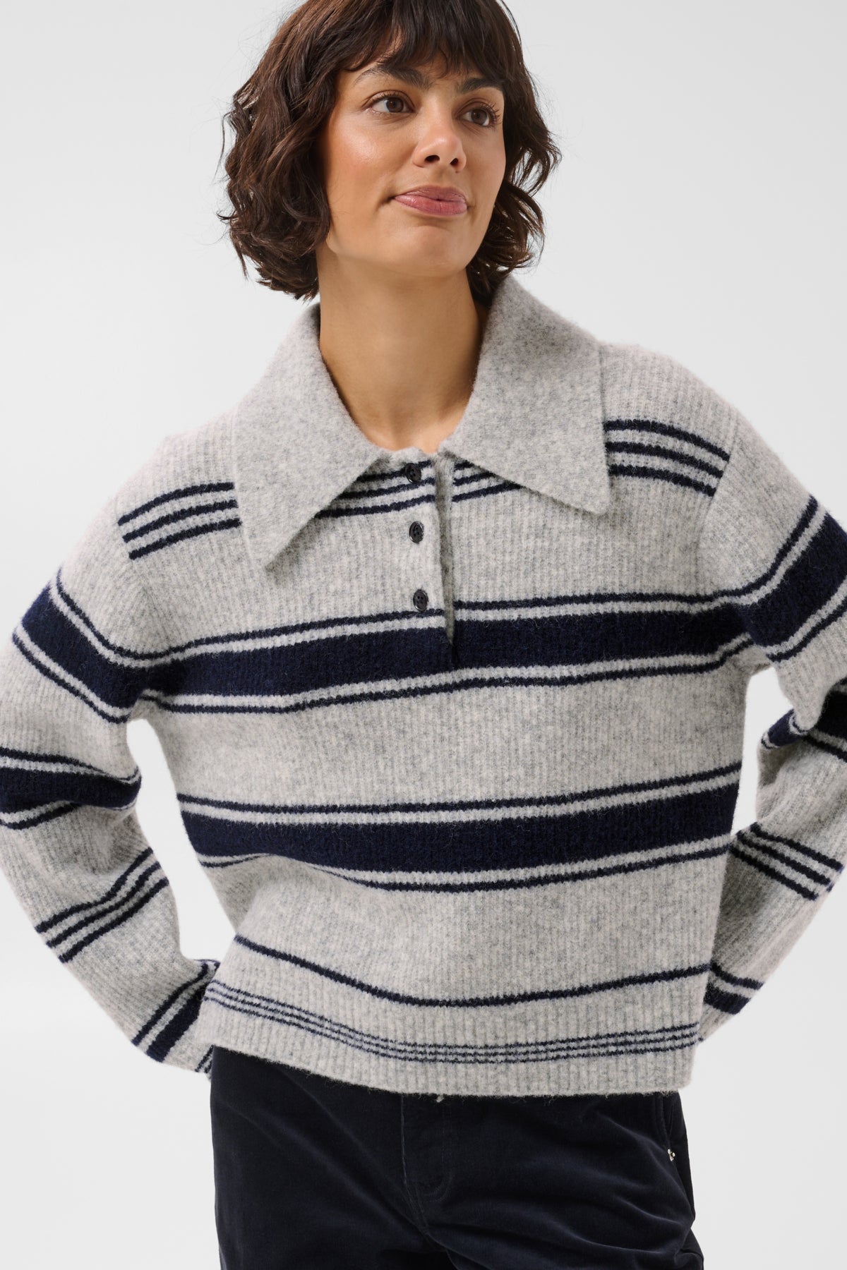 Part Two Carilina Knitted Polo Jumper In Grey/Navy Stripe, product photograph
