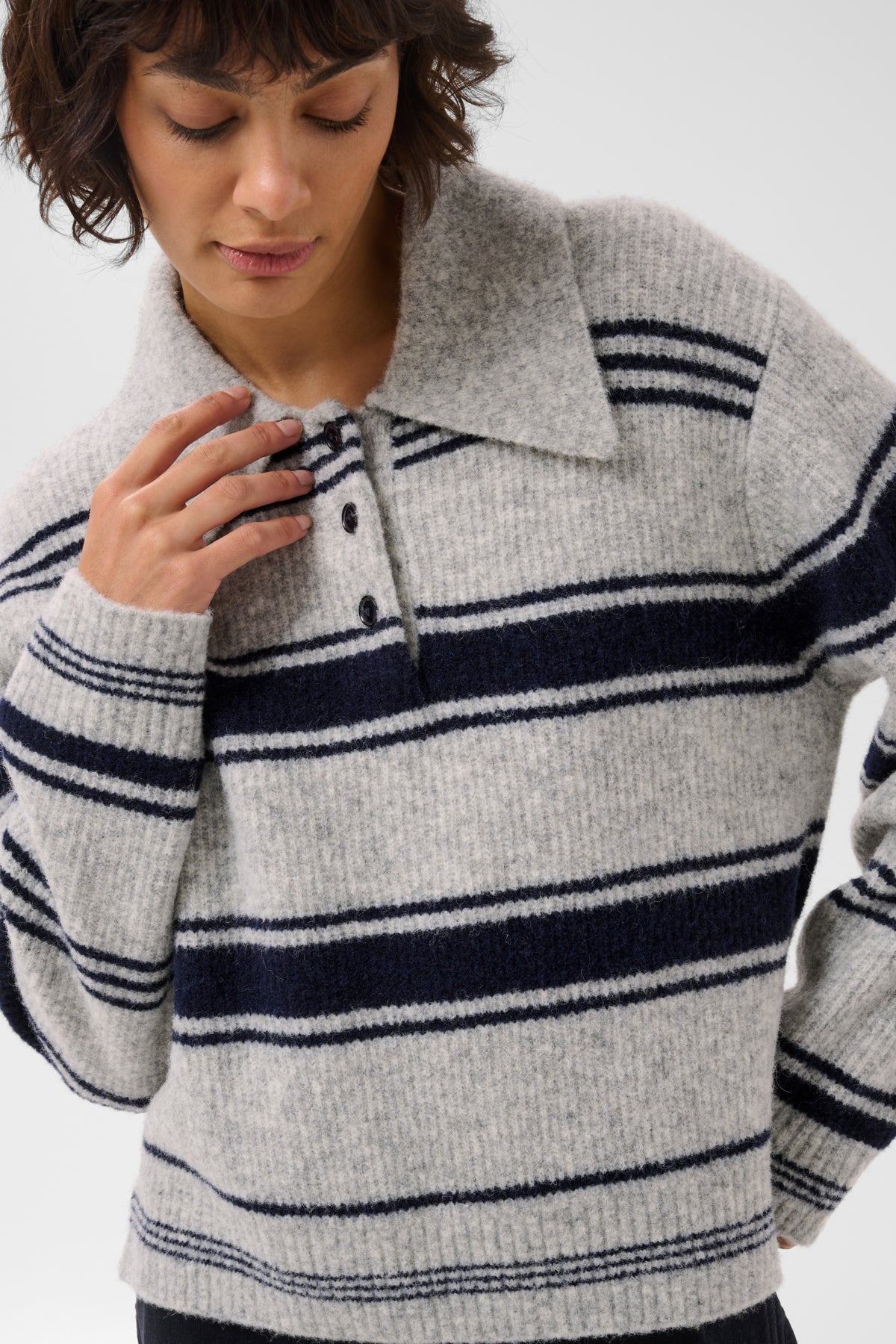 Part Two Carilina Knitted Polo Jumper In Grey/Navy Stripe, product gallery photograph 3