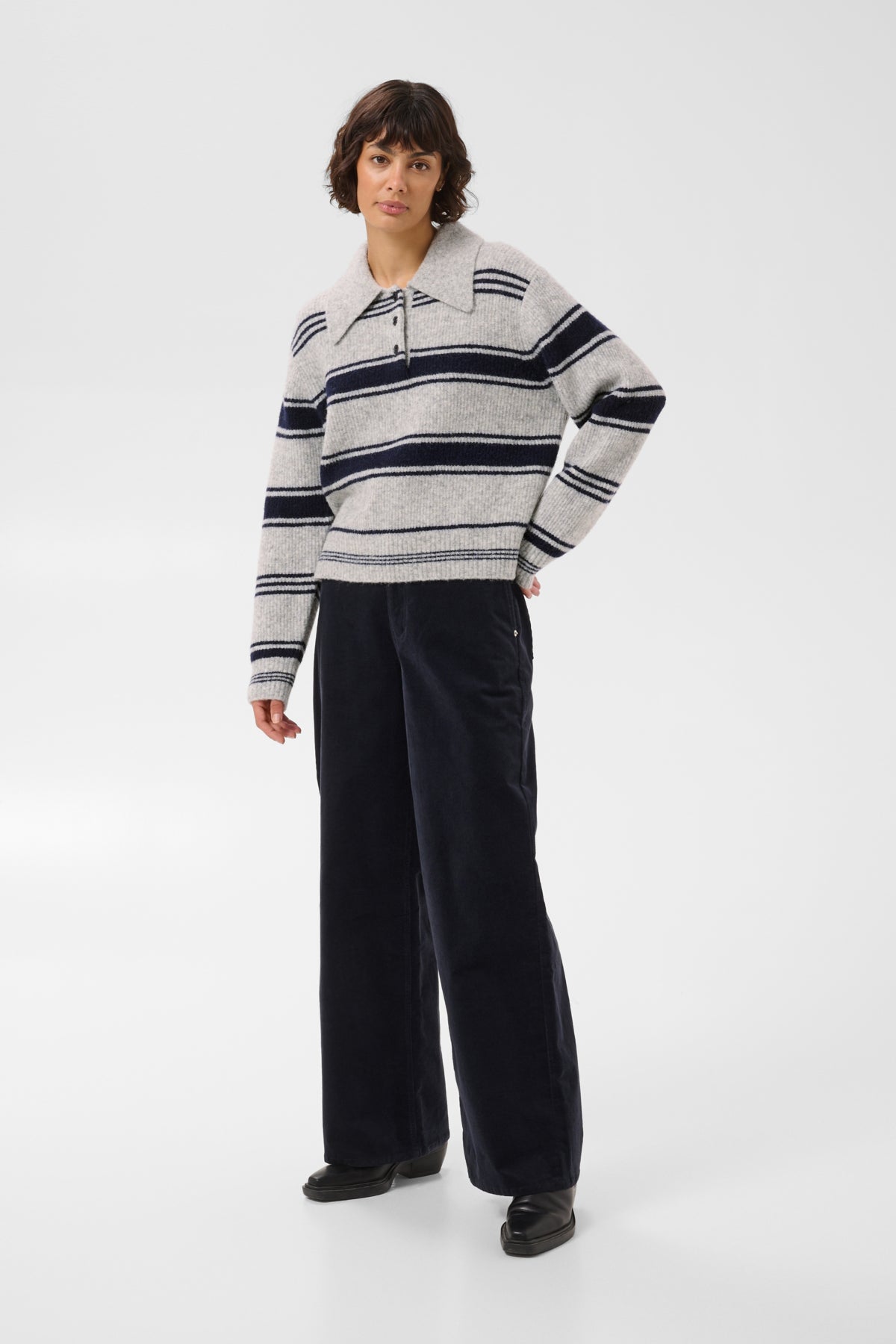 Part Two Carilina Knitted Polo Jumper In Grey/Navy Stripe, product gallery photograph 4
