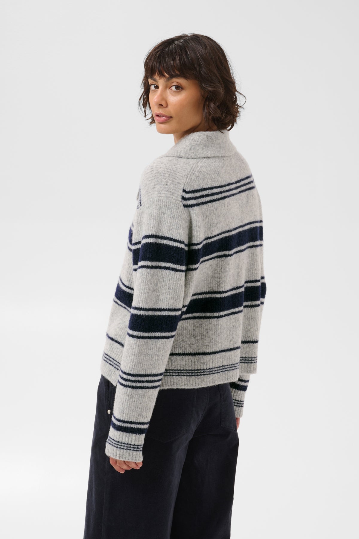 Part Two Carilina Knitted Polo Jumper In Grey/Navy Stripe, product gallery photograph 2