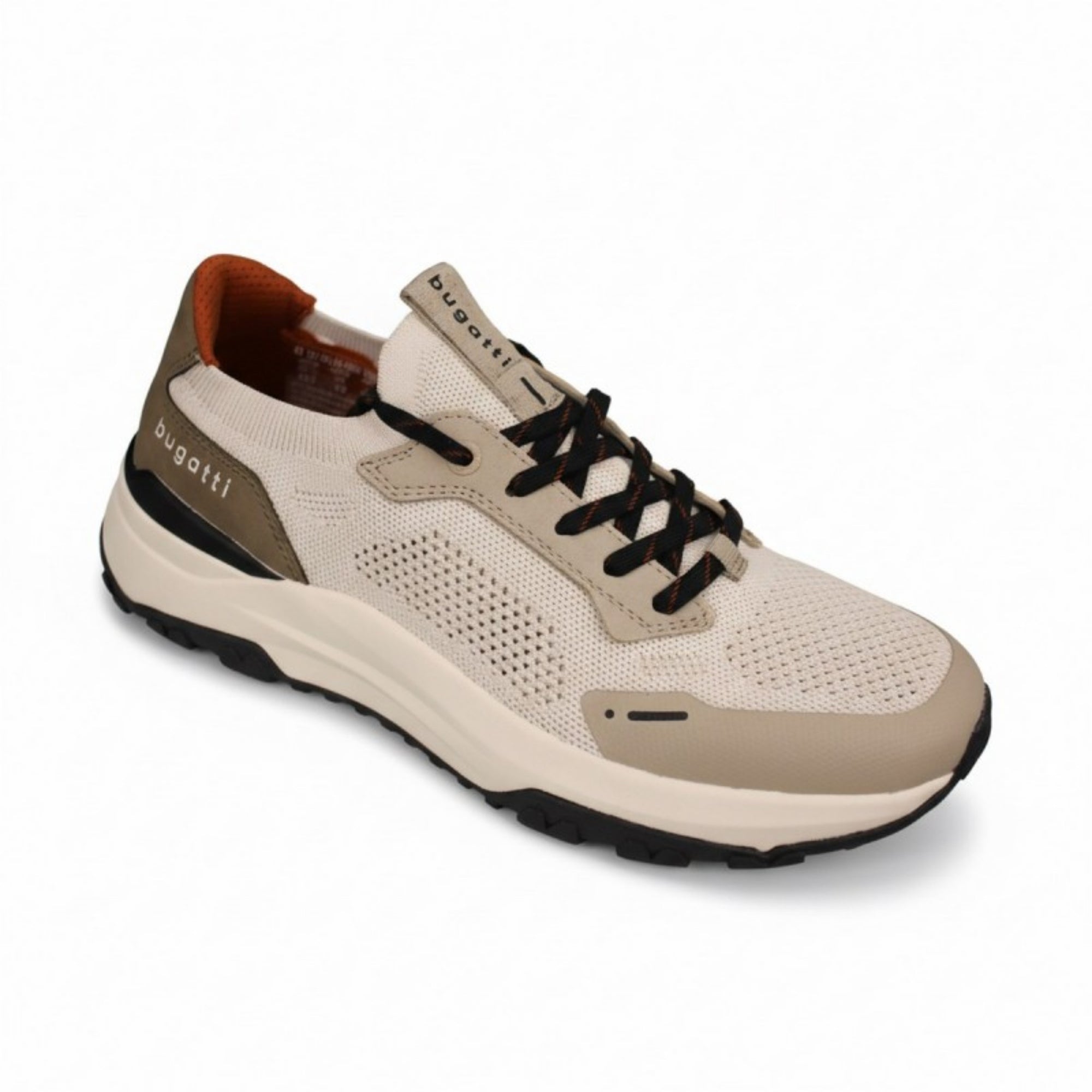 Beige sneaker with black laces on a white background