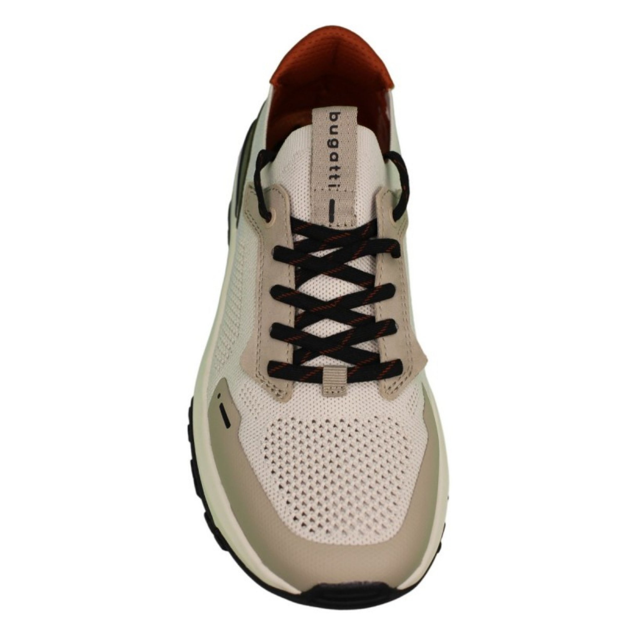 Beige sneaker with black laces on a white background