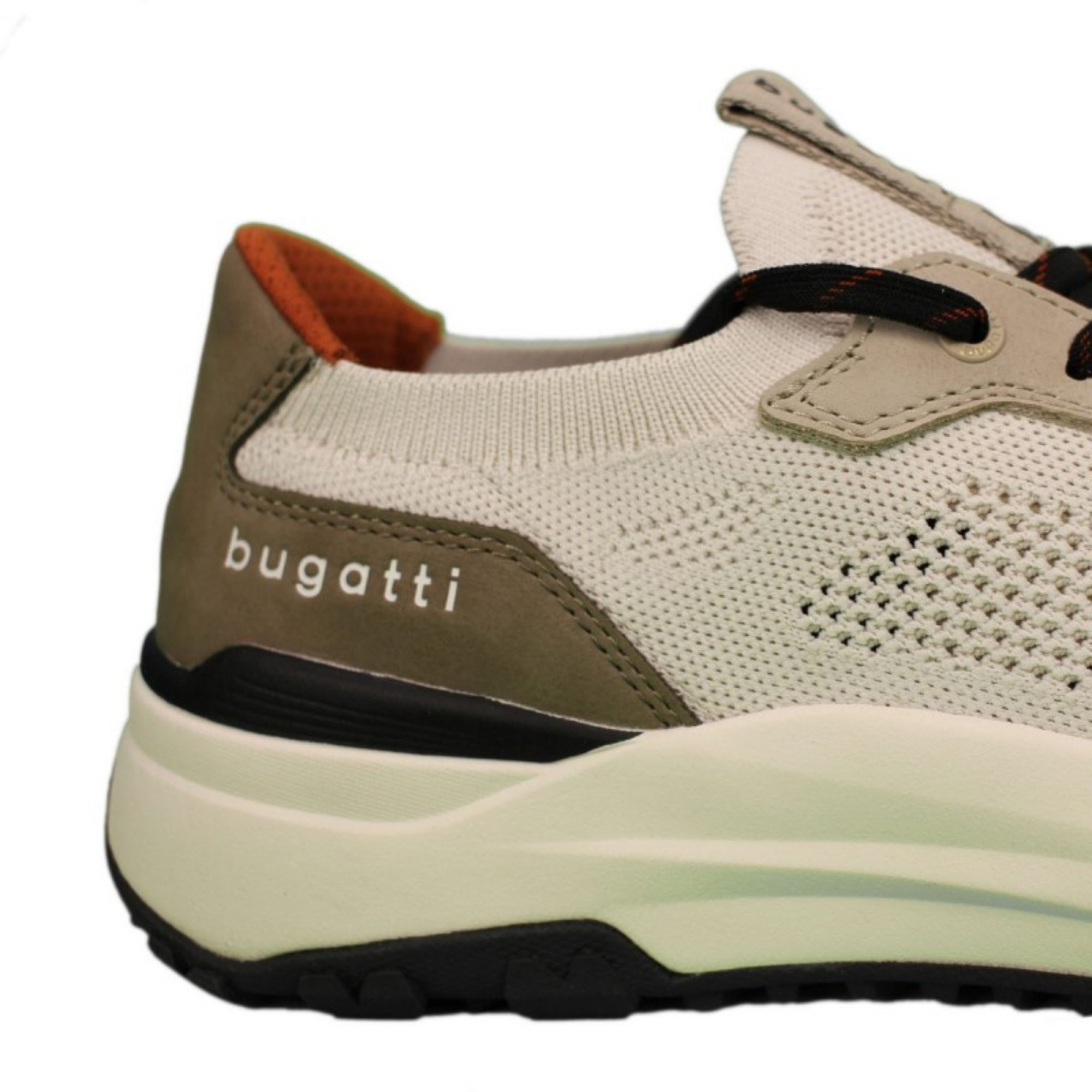 Beige sneaker with brown accents and 'bugatti' branding on a white background