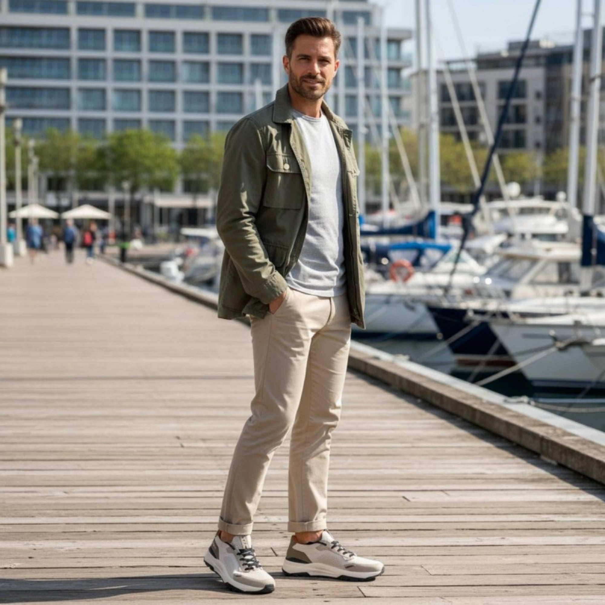 Man standing on a wooden dock by a marina, wearing a green jacket and beige pants.