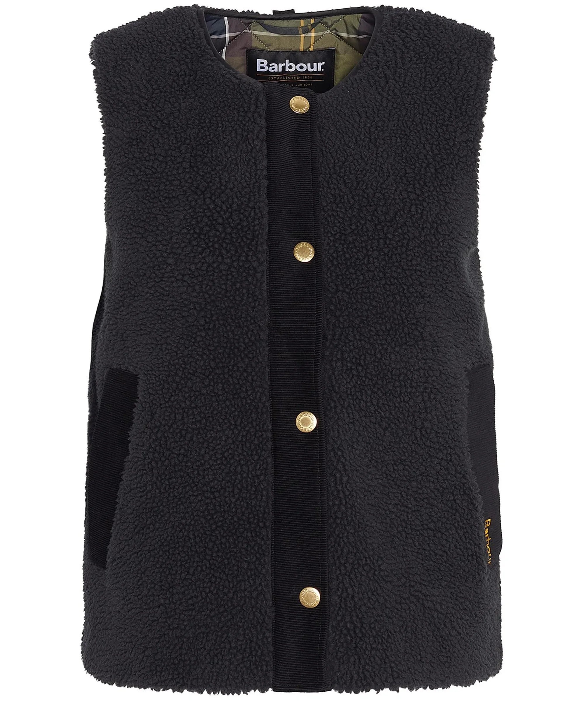 A black Barbour fleece vest with a corduroy front placket, gold-tone buttons, and a plaid inner collar, shown against a plain white background.