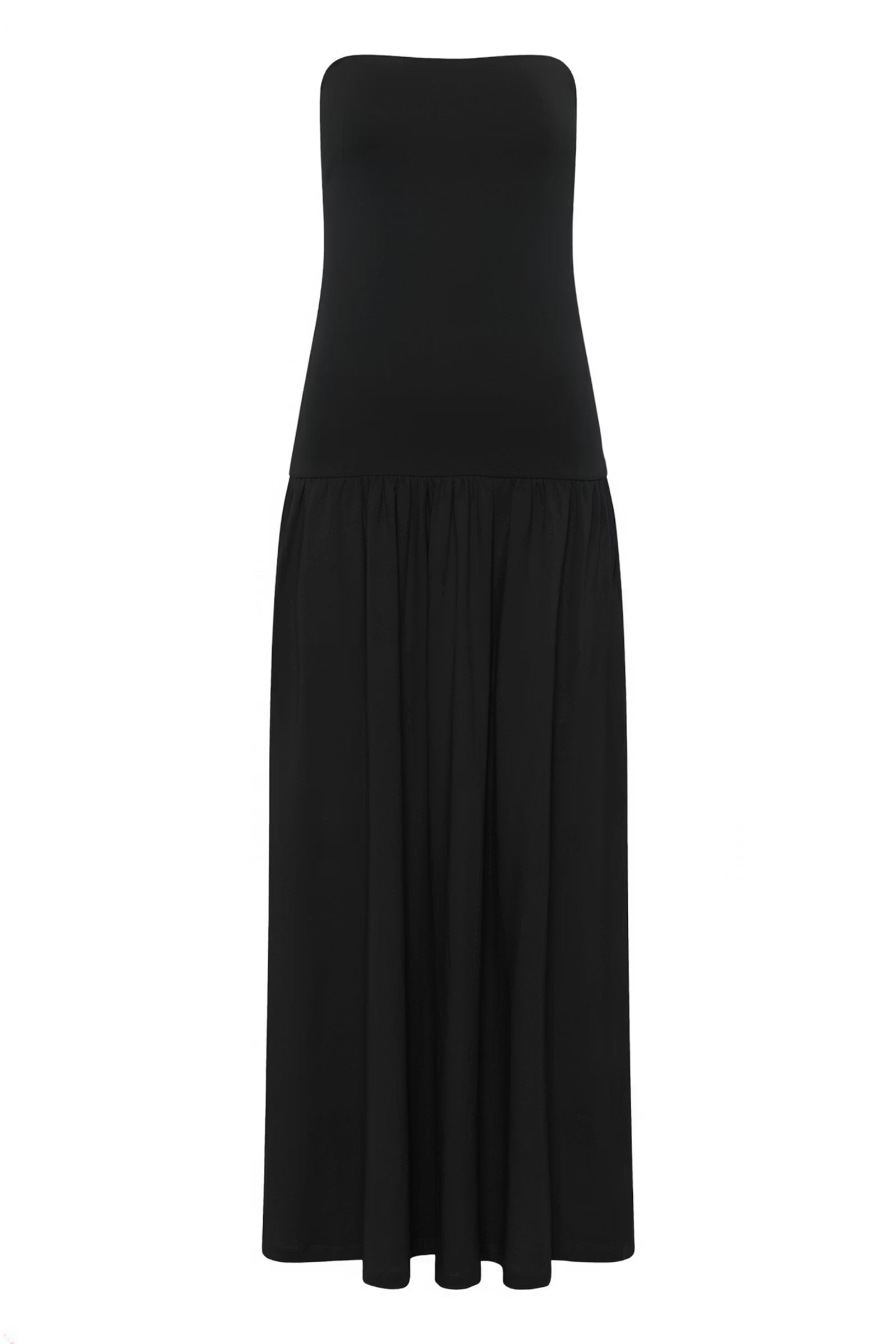 Black strapless dress on a white background