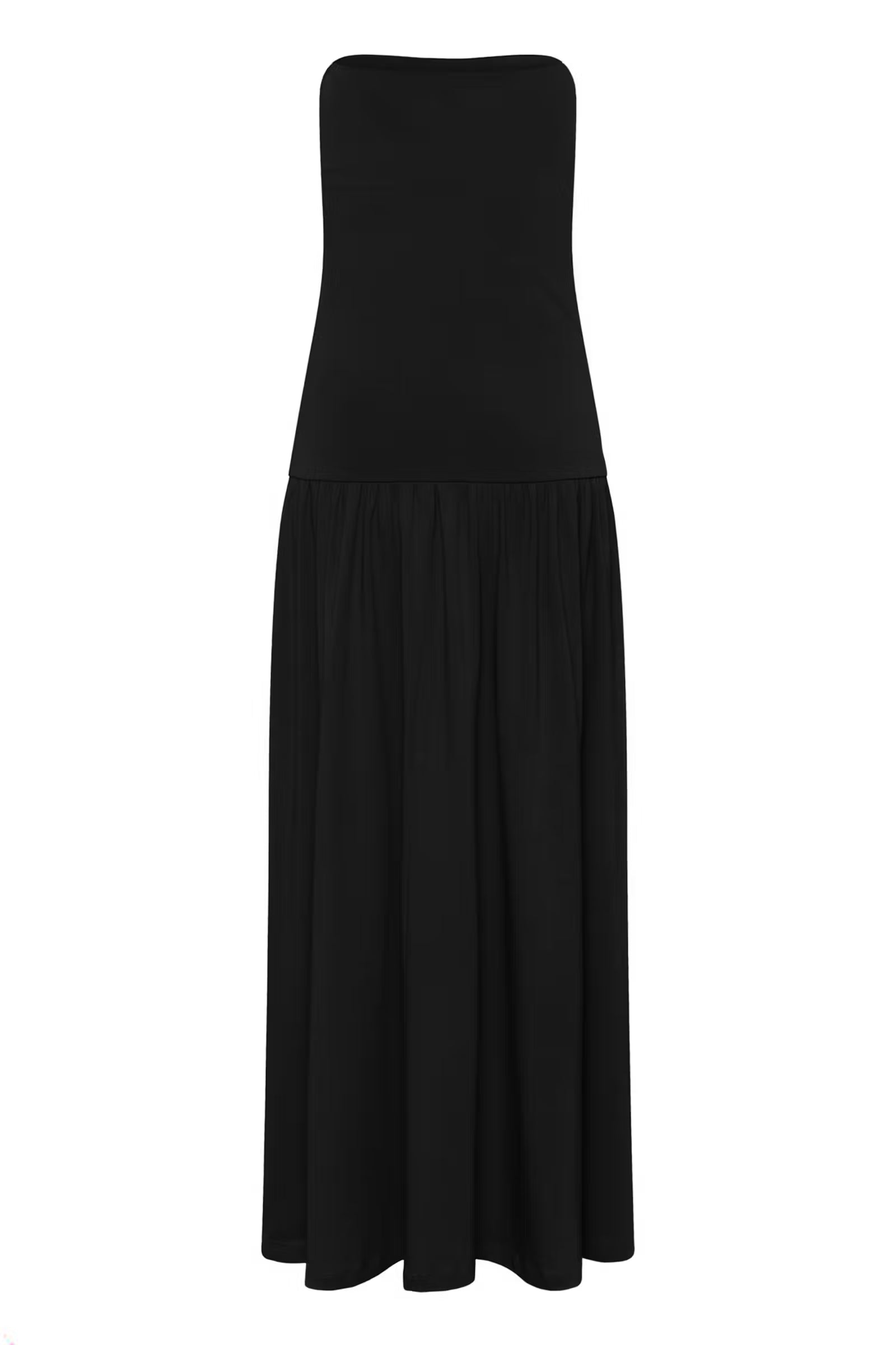 Black strapless dress on a white background
