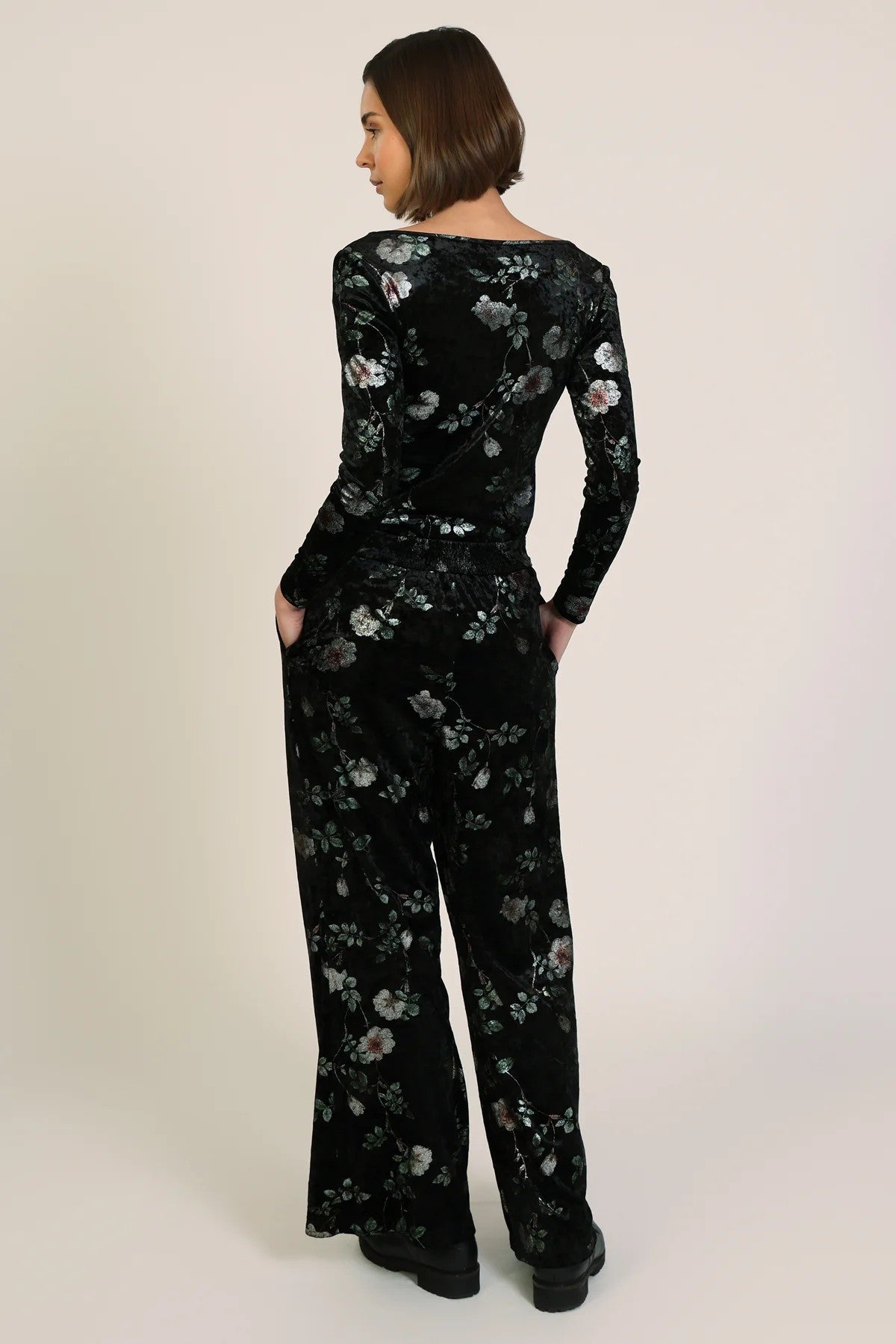 Traffic People Swan Song Edith Wide Leg Velvet Trousers In Black Floral