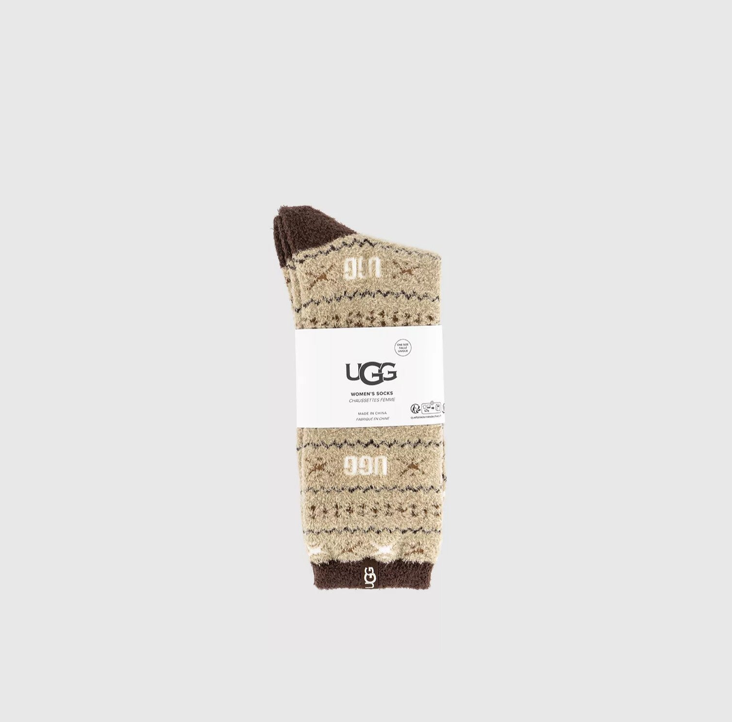 Pair of UGG socks with a white label on a light gray background
