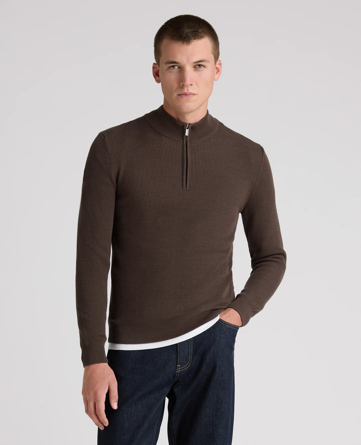 Remus Uomo Brown Ribbed Cotton Half Zip Jumper - Brown