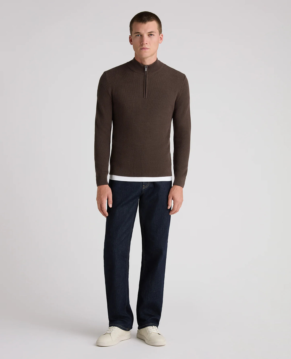 Remus Uomo Brown Ribbed Cotton Half Zip Jumper - Brown