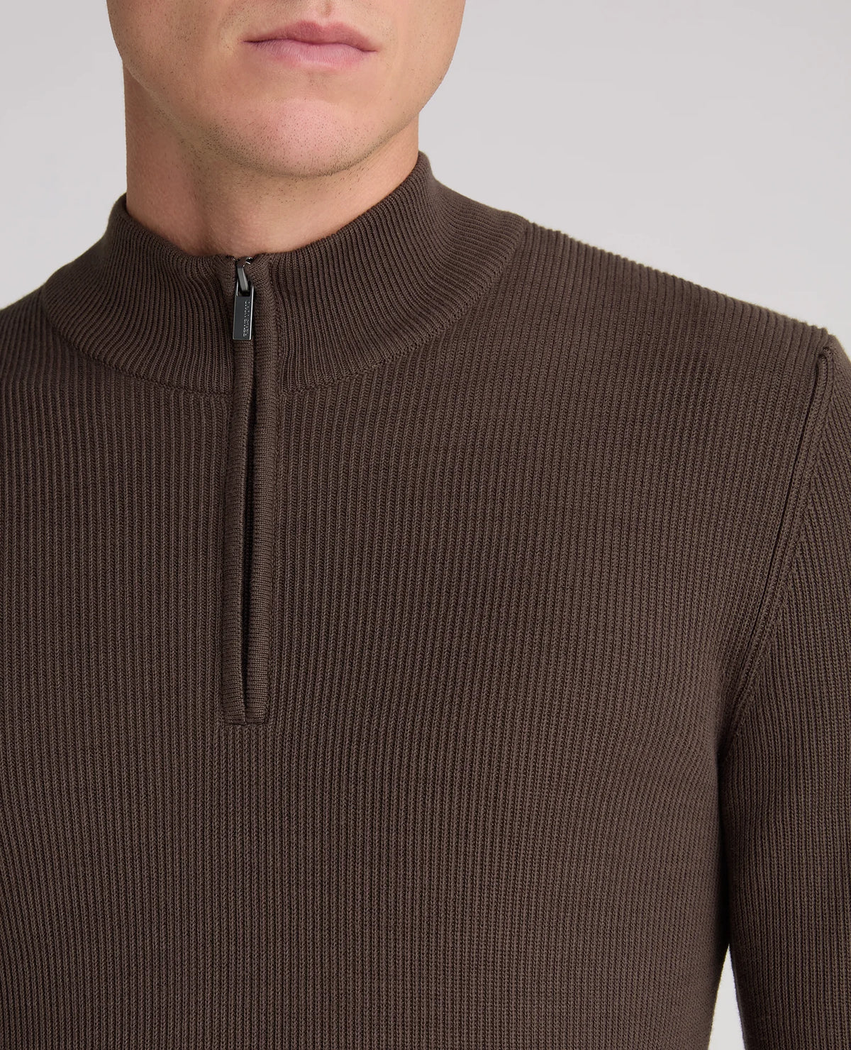 Remus Uomo Brown Ribbed Cotton Half Zip Jumper - Brown