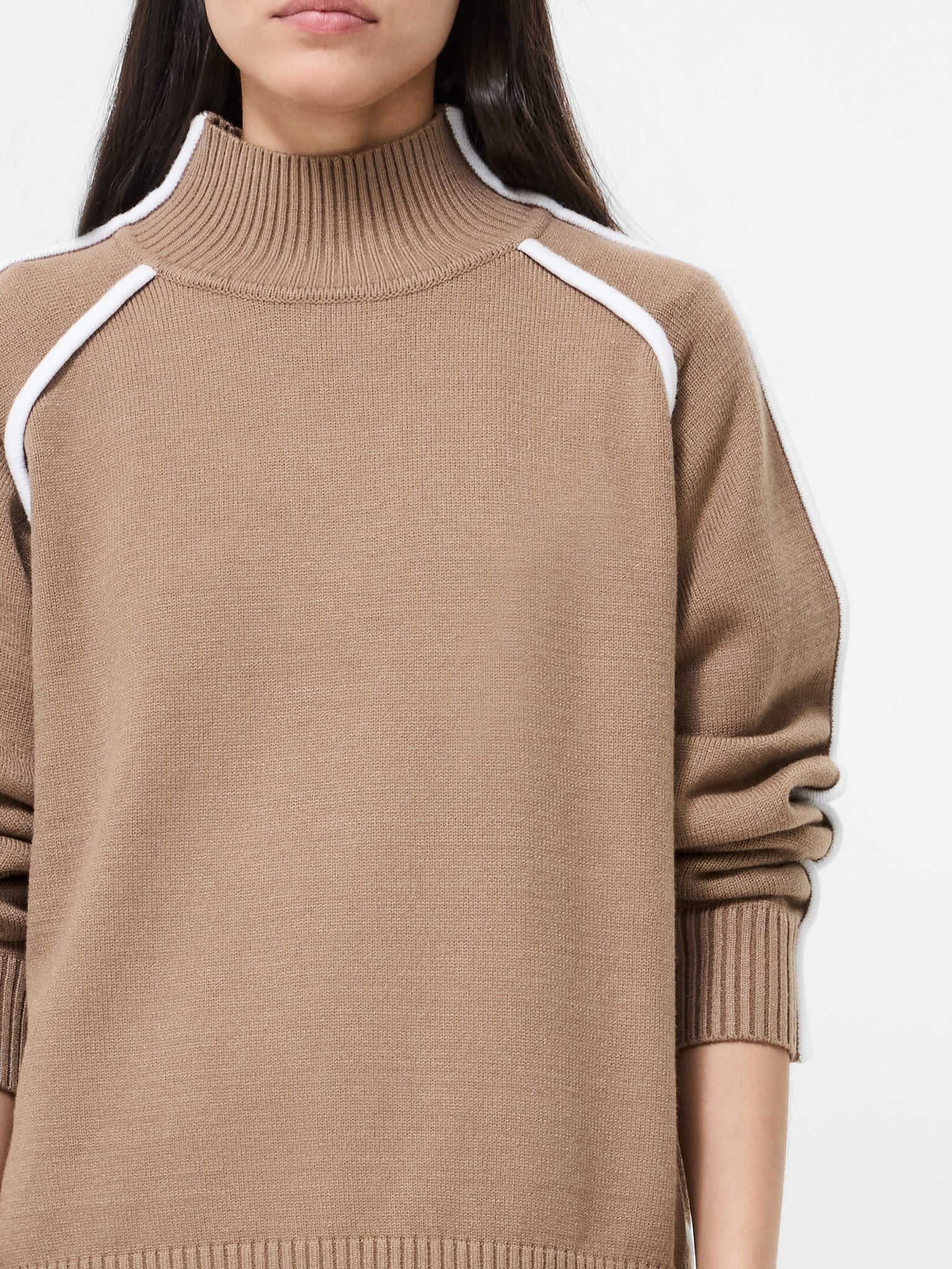 French Connection Jordan high neck jumper camel porcelain cream ribbed knit detail view