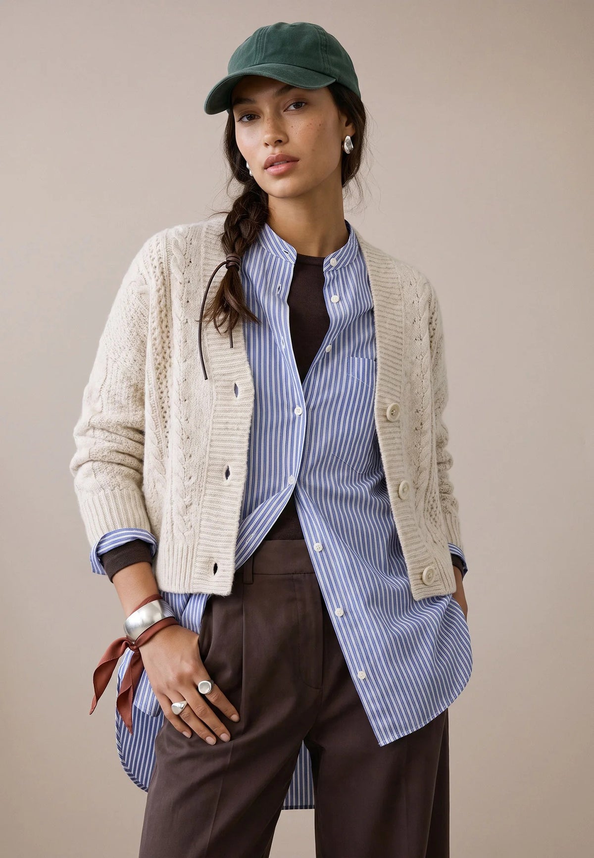 Fynch-Hatton Cable Knit  Wool Blend Cardigan In Neutral Tan 26107311
