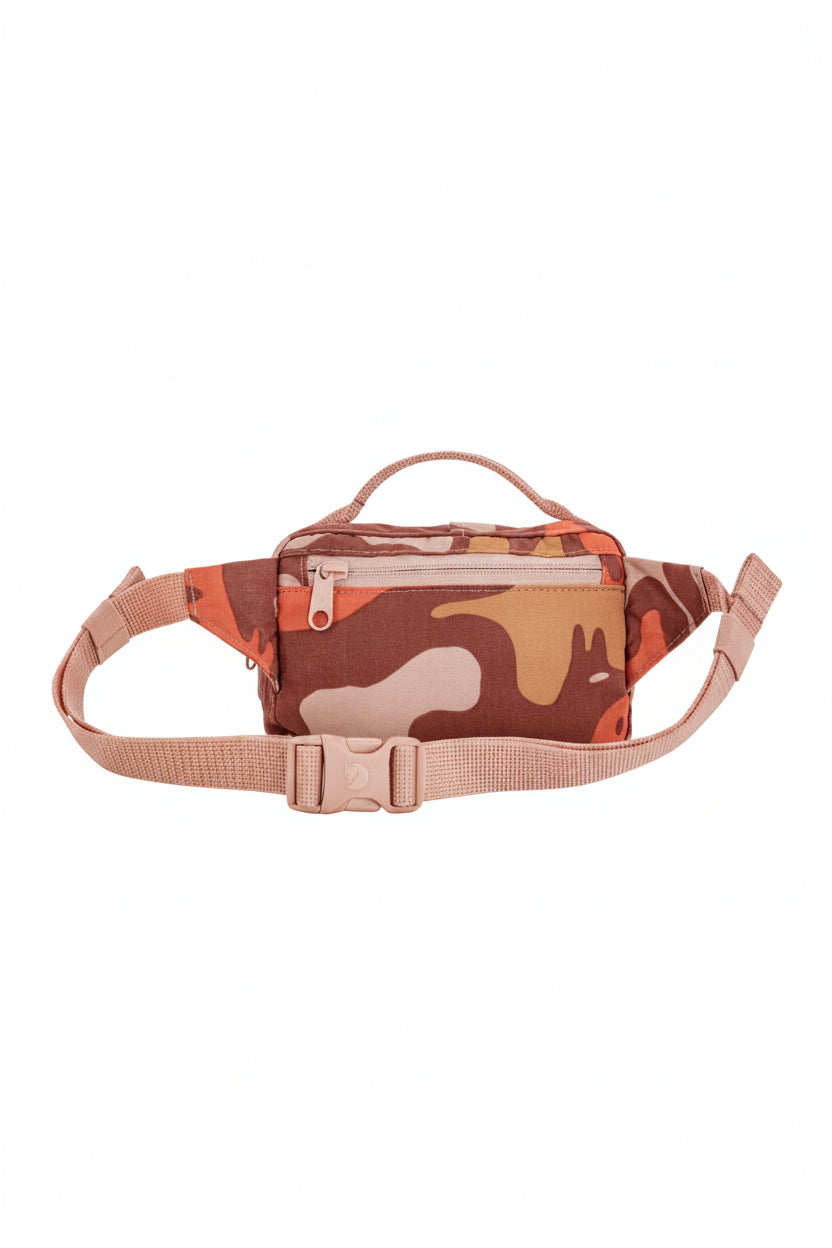 Camouflage-patterned waist bag with a pink strap on a white background
