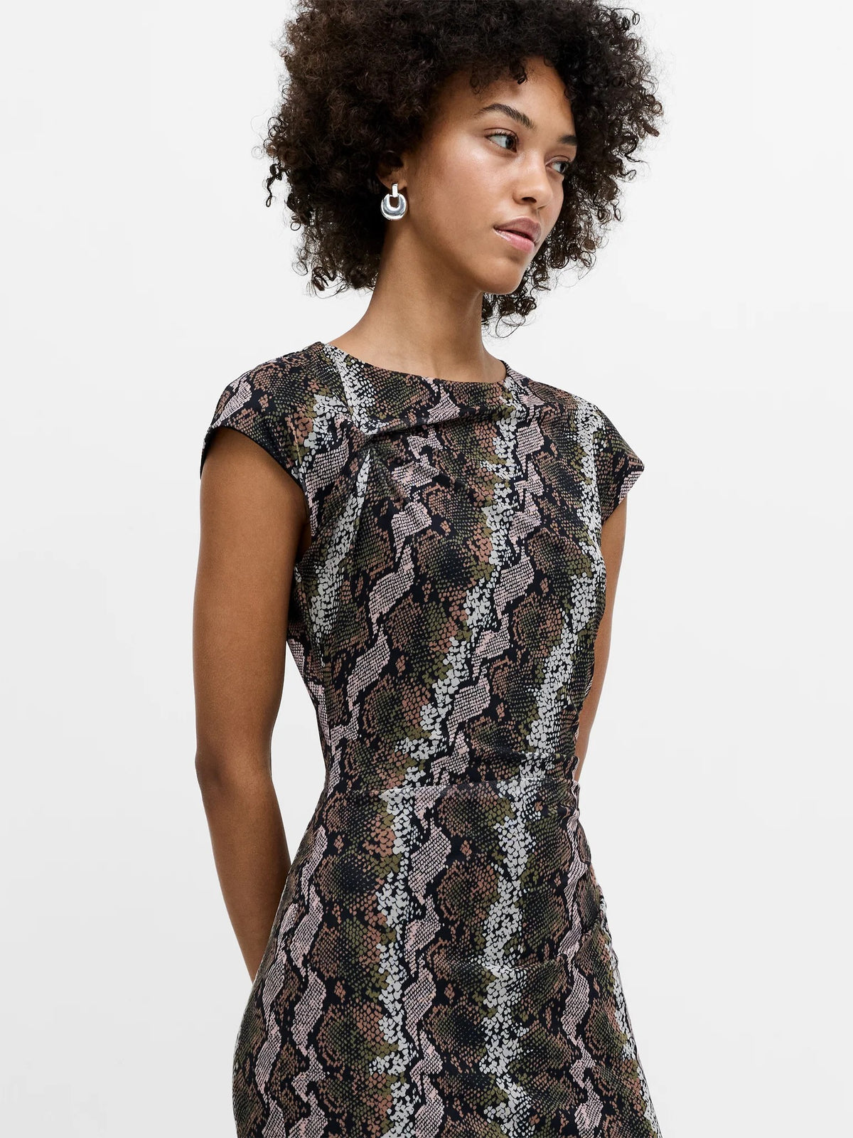 French Connection Lola Snakeskin Ruched Mesh Midi Dress In Black Multi 71-W26-0100