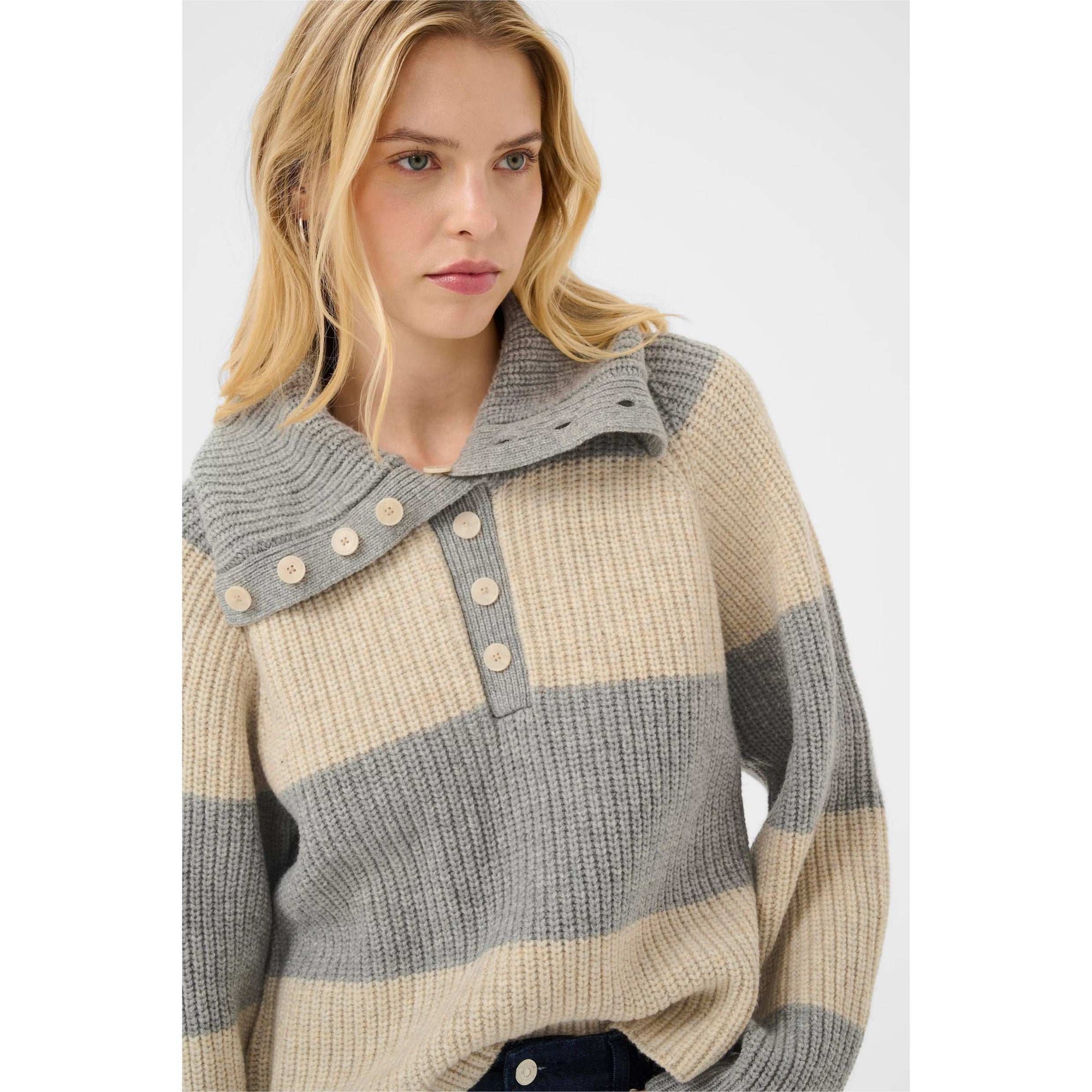 Part Two Simra High Collar Knit Sweater - French Oak/Grey Melange Stripe