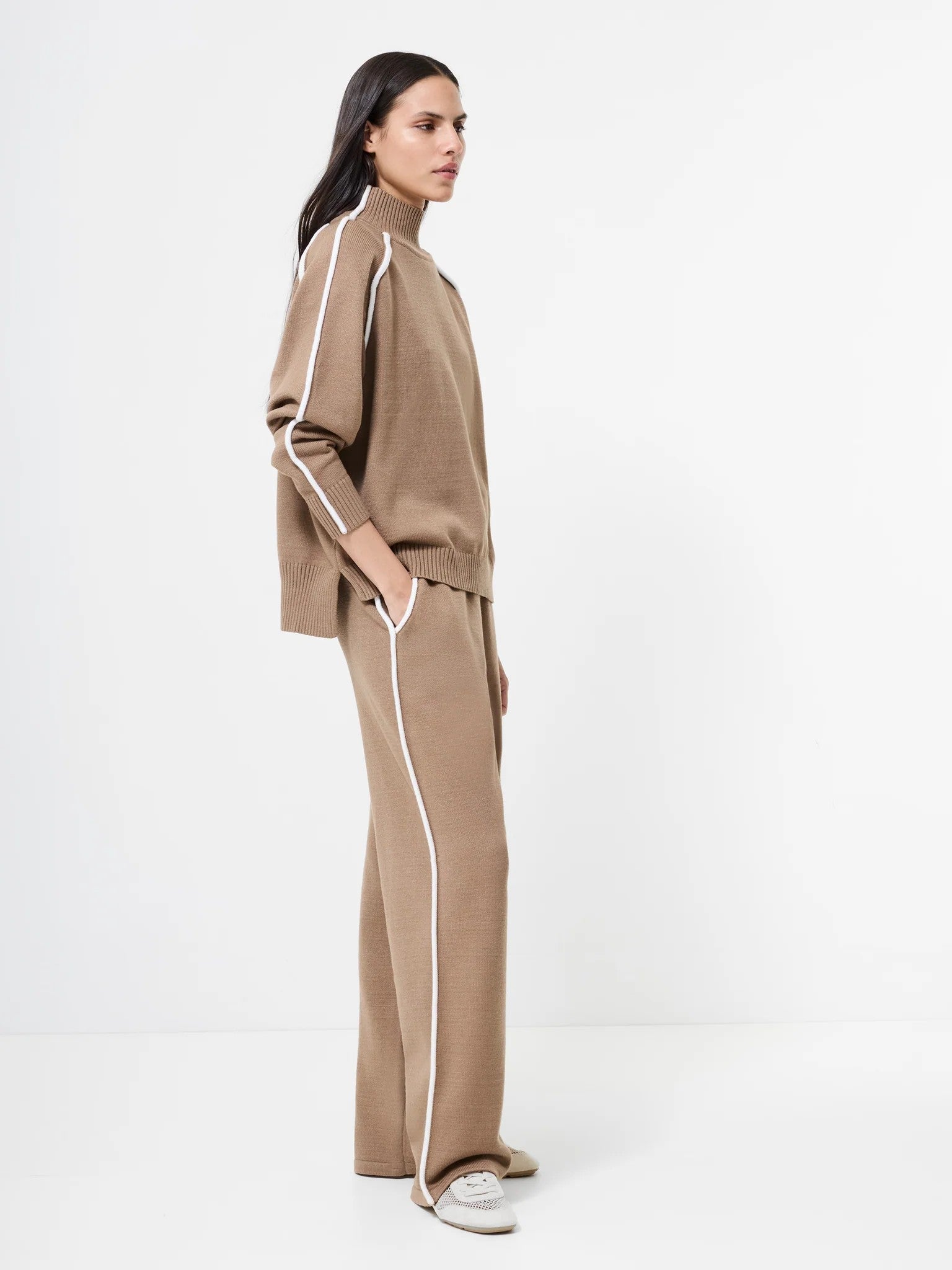 French Connection Jordan High Neck Long Sleeve Jumper In Camel/Porcelain Cream 78LZT