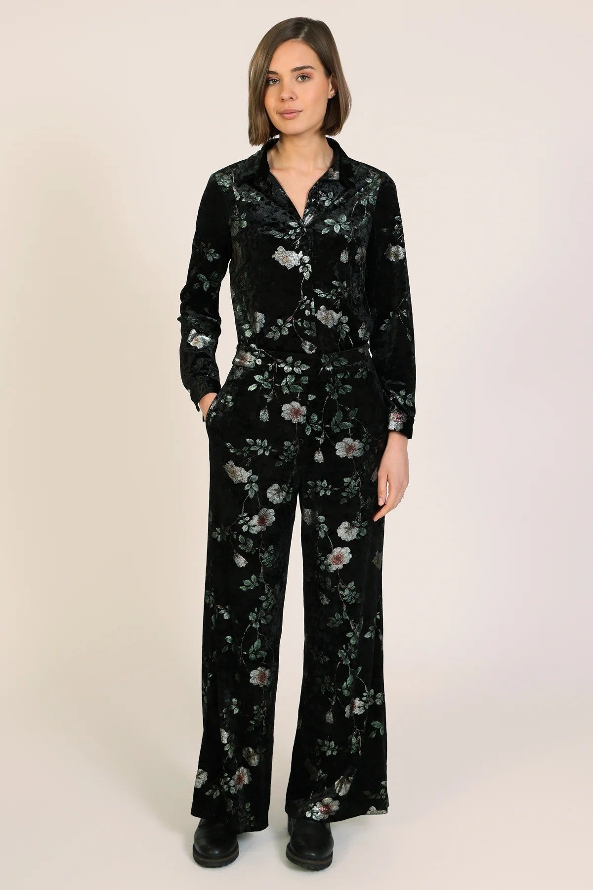 Traffic People Swan Song Edith Wide Leg Velvet Trousers In Black Floral