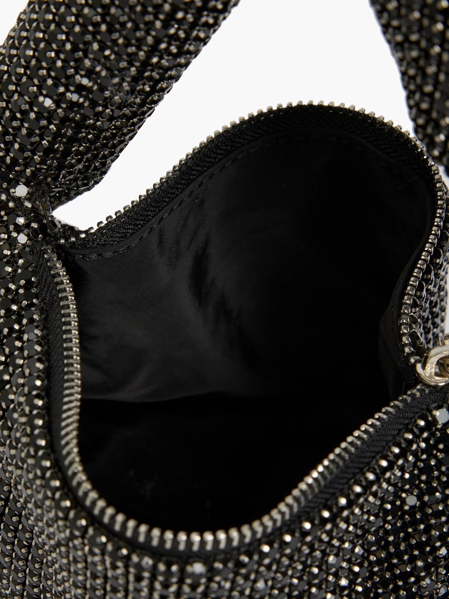 French Connection Knot Diamante bag black lined interior zip pocket detail view