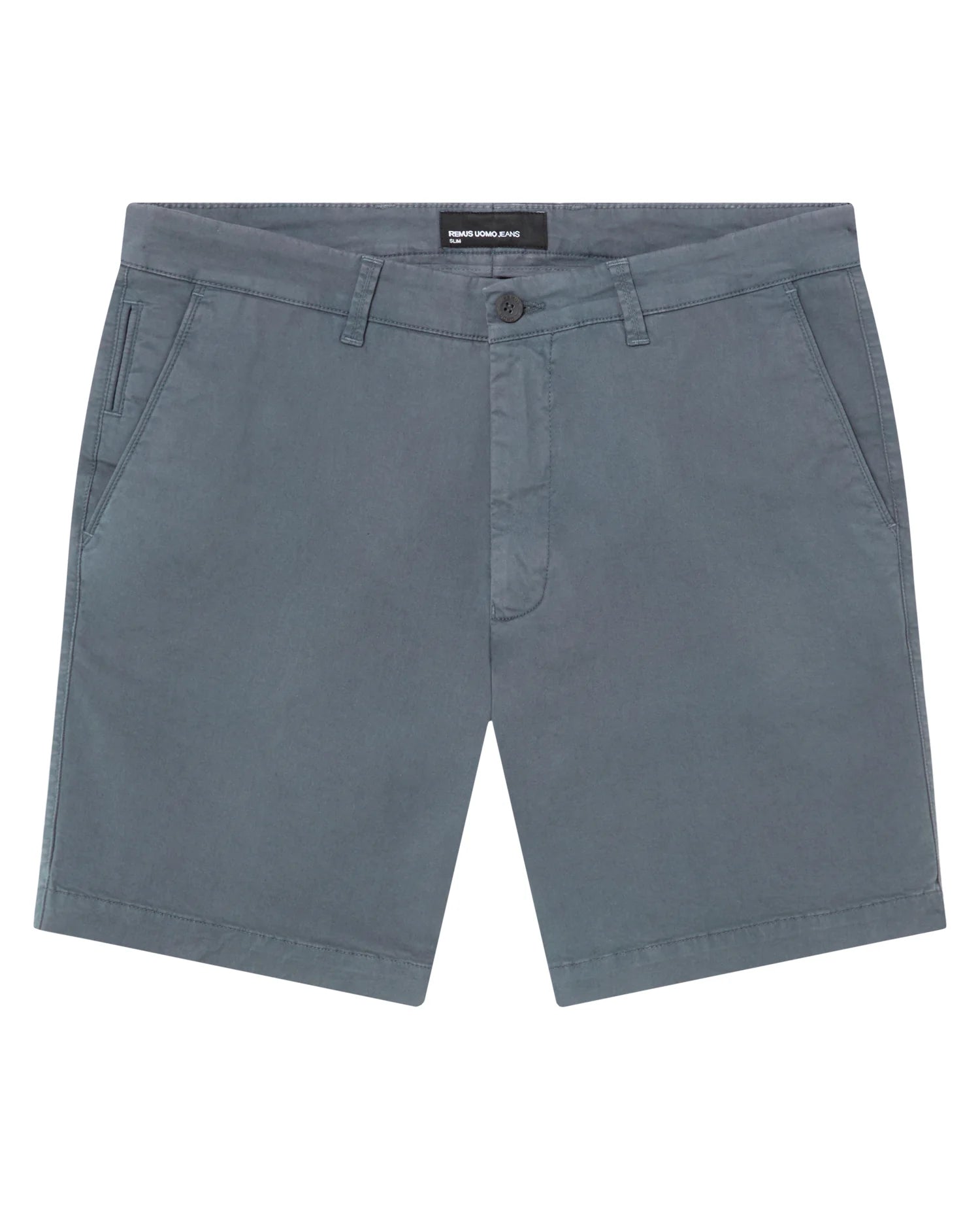 grey shorts with a brand label on a white background