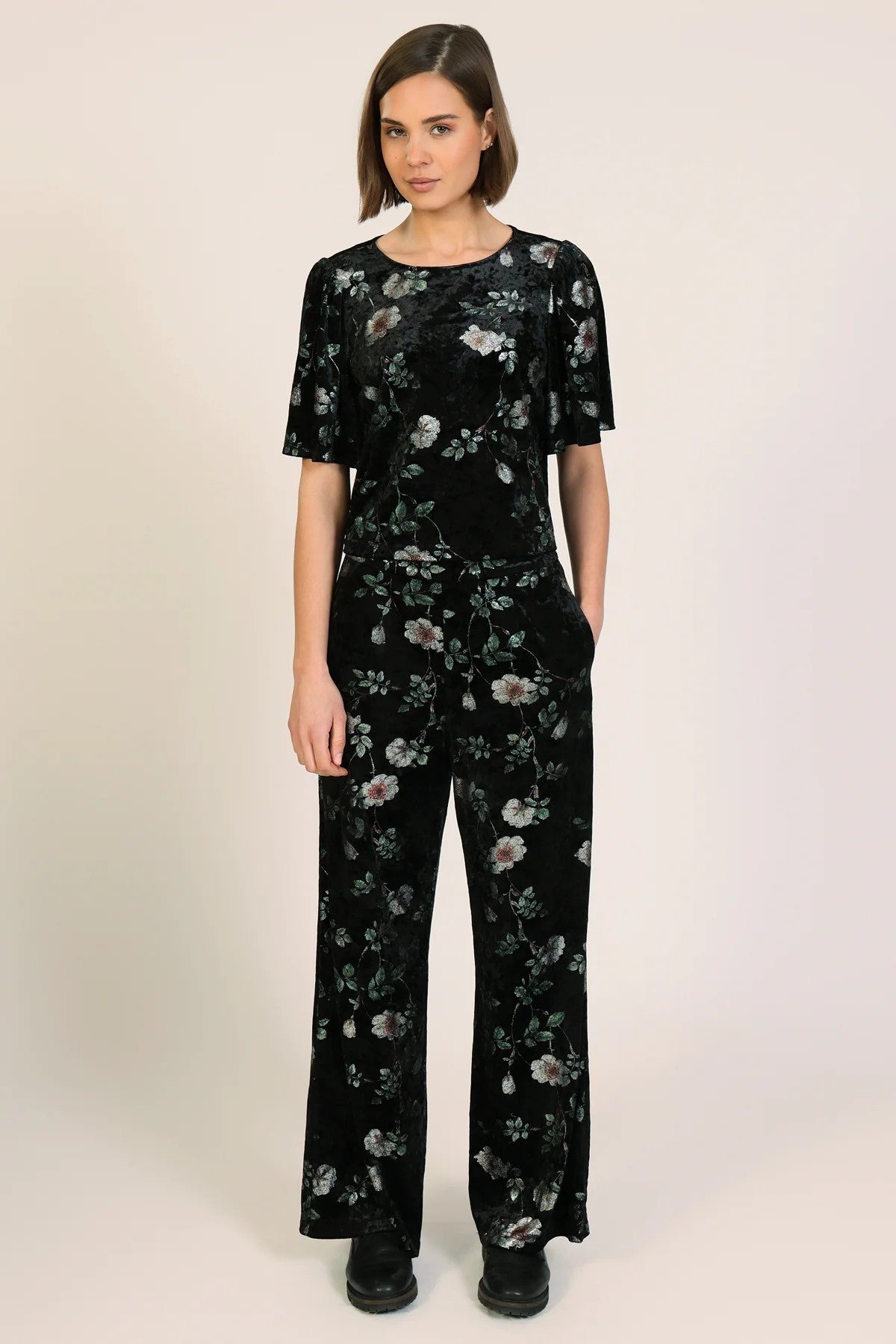 Traffic People Swan Song Rene Velvet Blouse In Black Floral