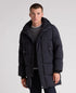 A man wearing Remus Uomo Navy Tate Quilted Parka Coat with Re:Down in Navy