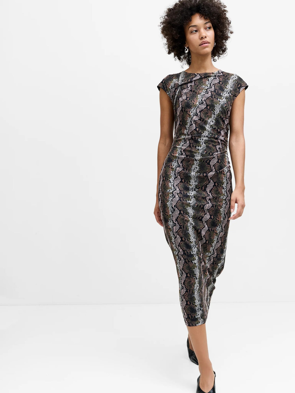 French Connection Lola Snakeskin Ruched Mesh Midi Dress In Black Multi 71-W26-0100