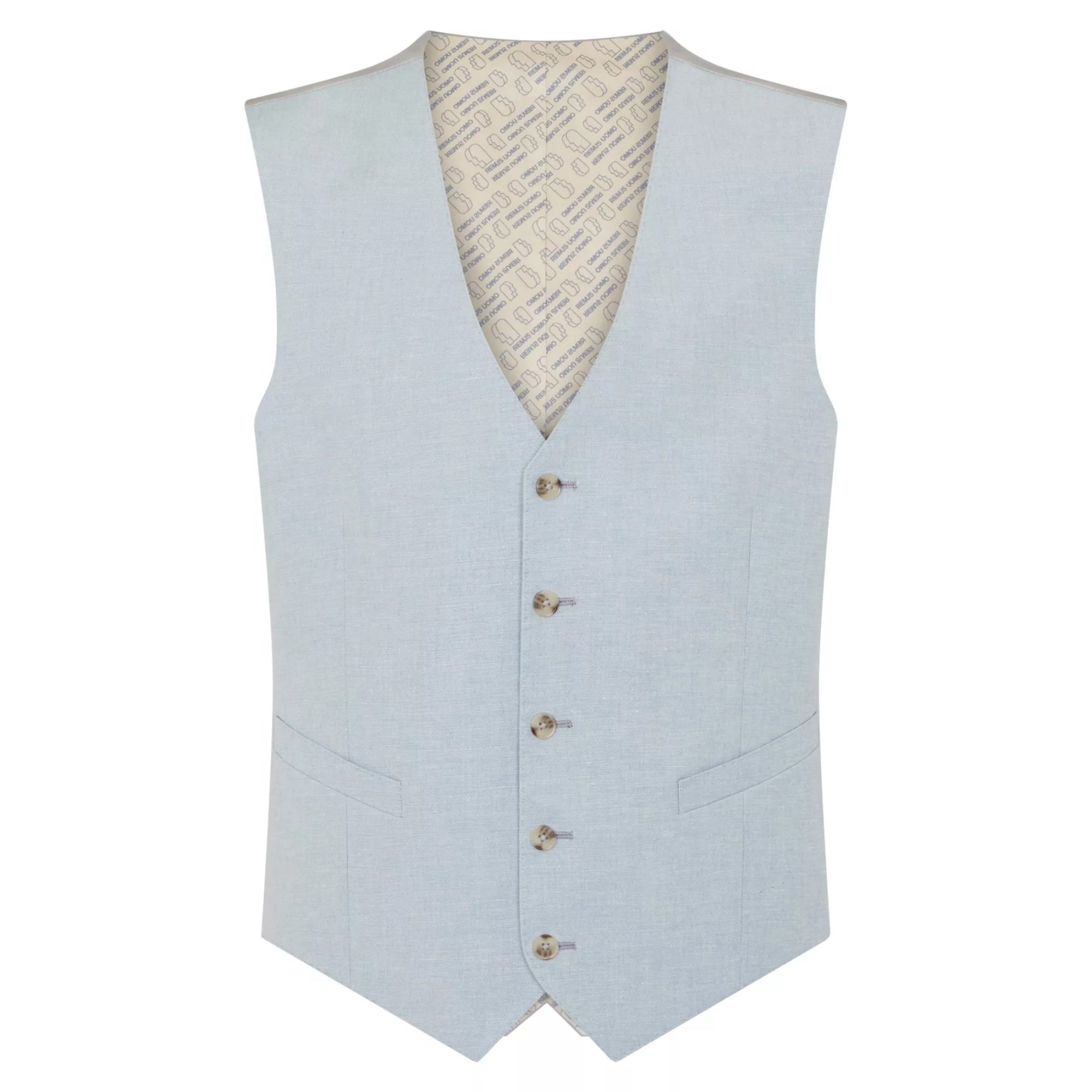 sky blue vest with a textured beige inner lining on a white background