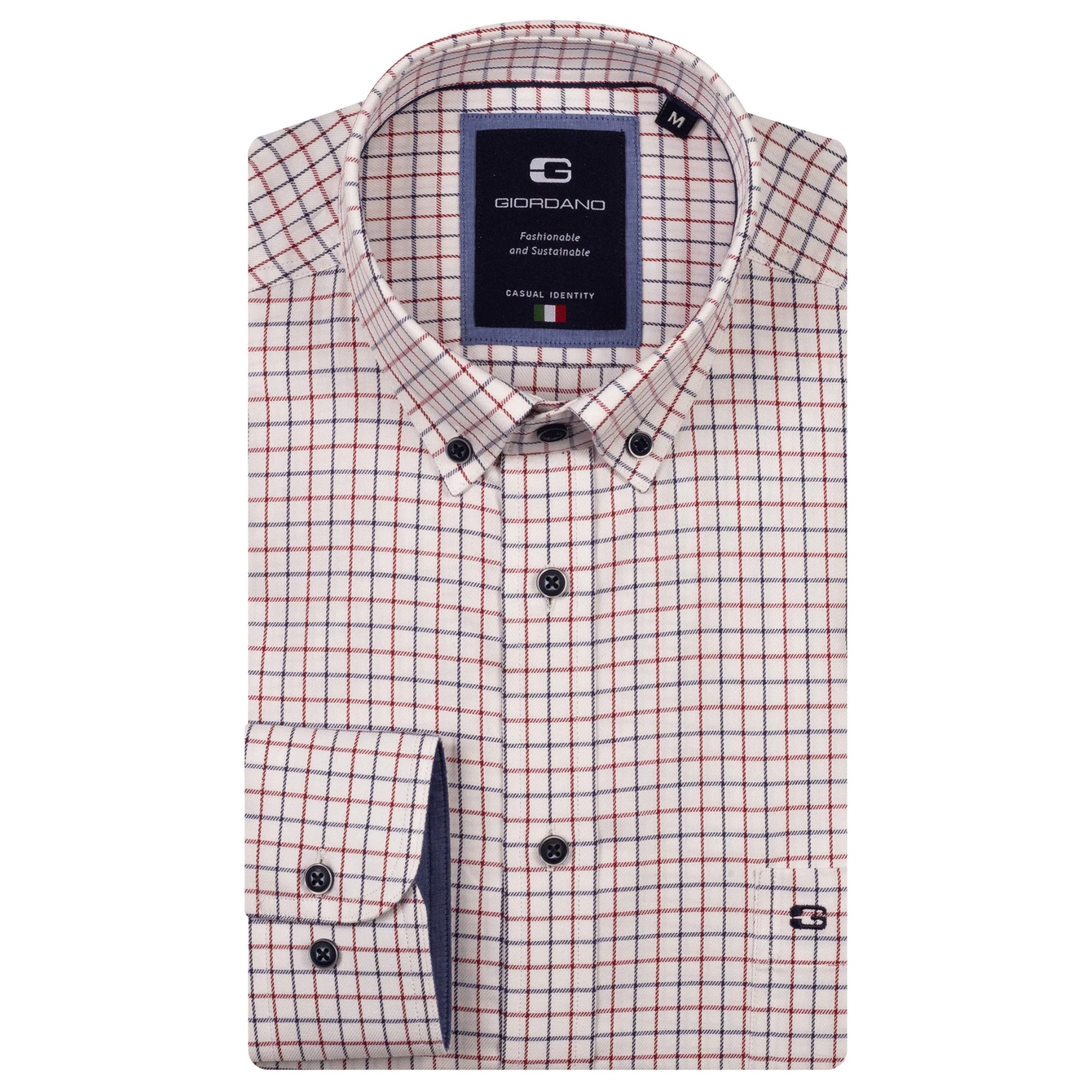 Folded checkered shirt with brand label on a white background