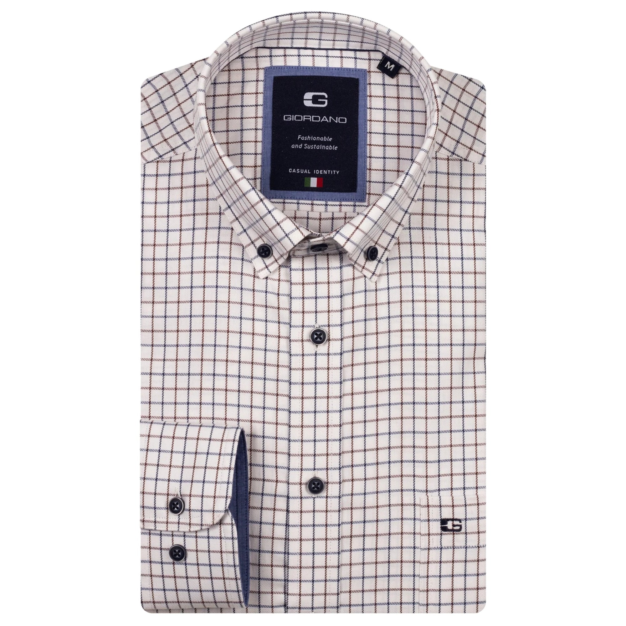 Folded checkered shirt with Giorgio label on a white background