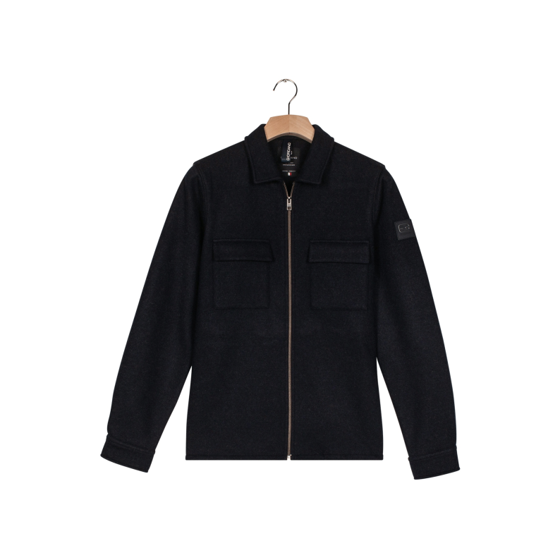 Black jacket on a hanger against a white background