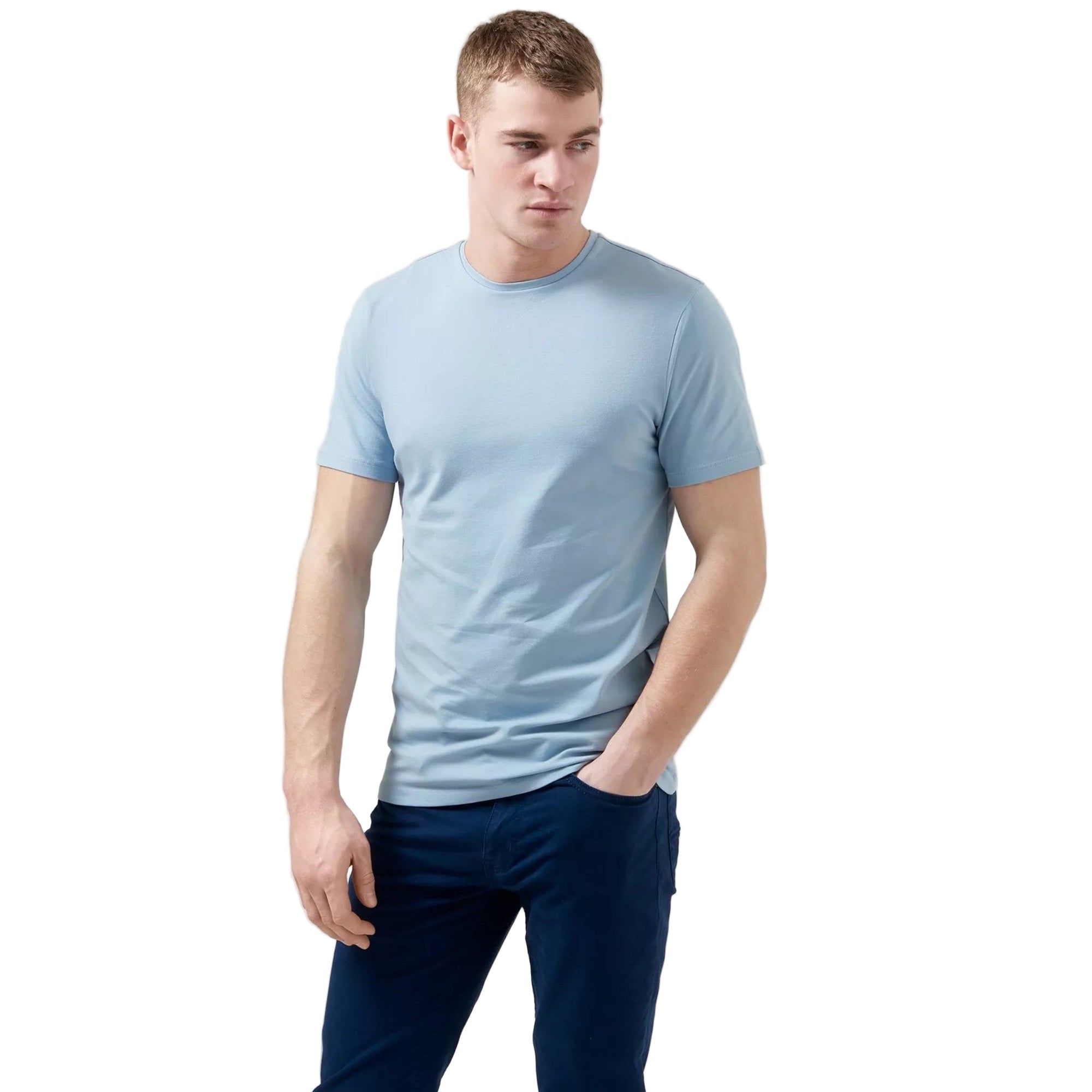 Man wearing a sky blue Remus Uomo t-shirt