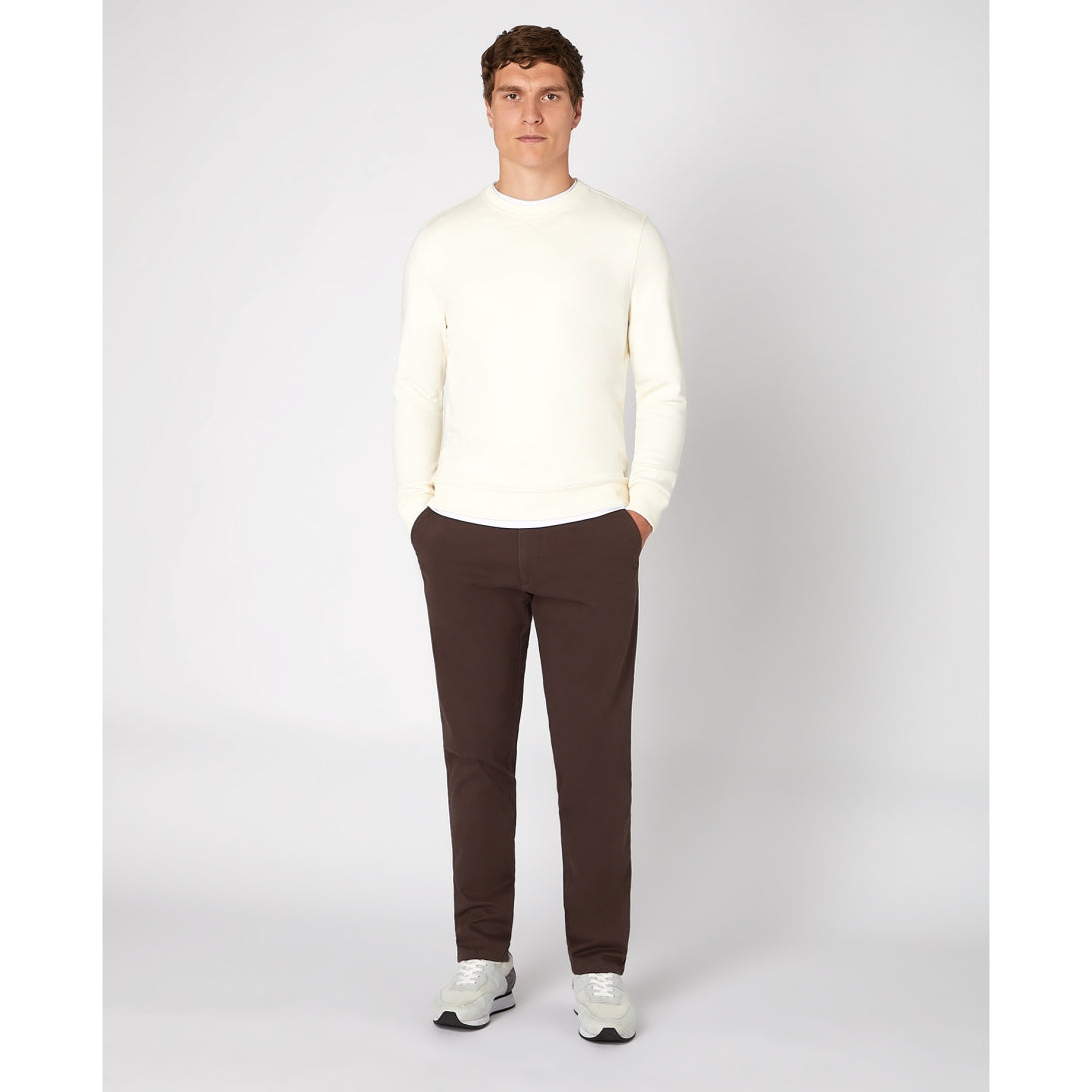 Remus Uomo Tapered Fit Cotton Blend Crew Sweatshirt 58760 Ecru