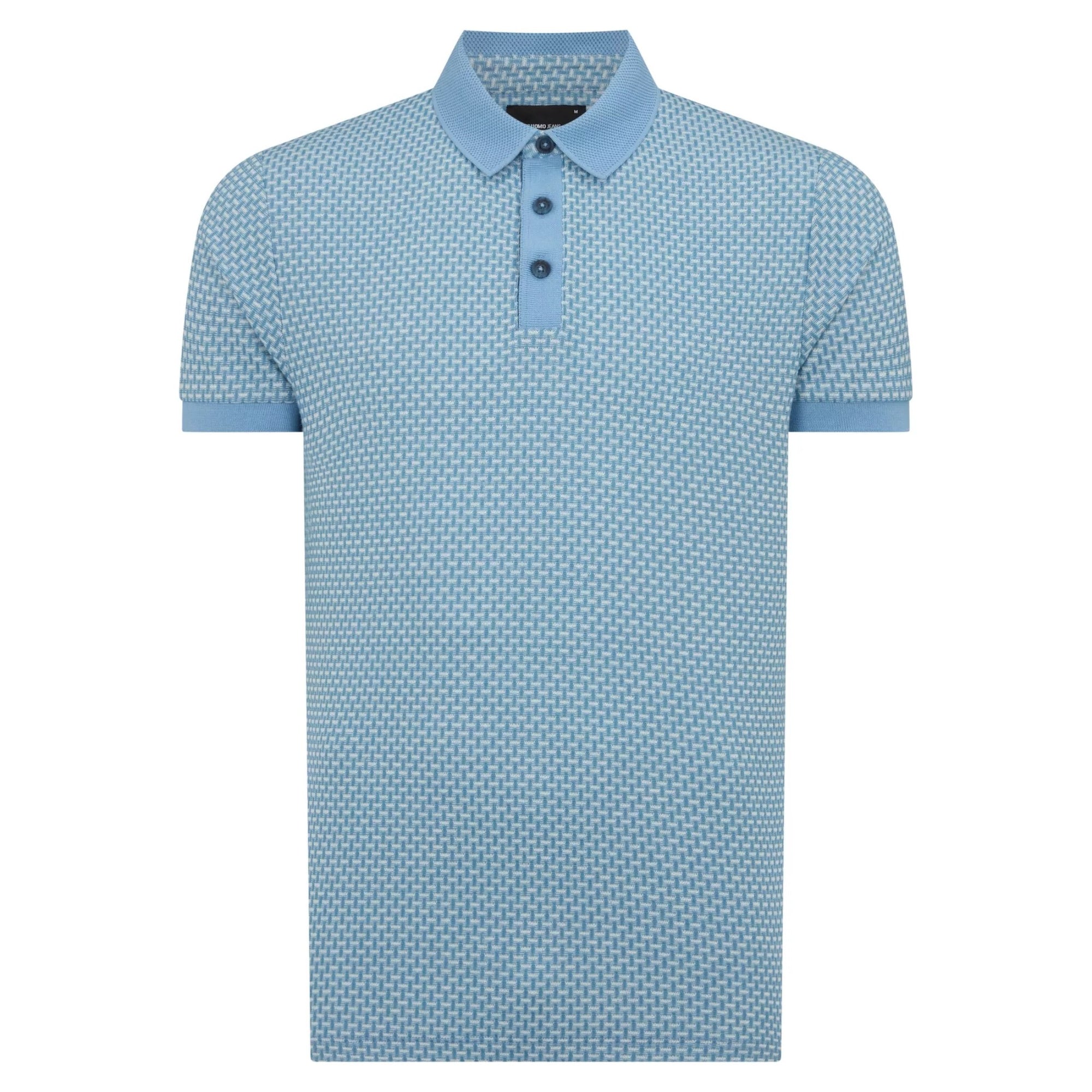 Light blue patterned polo shirt on a white background