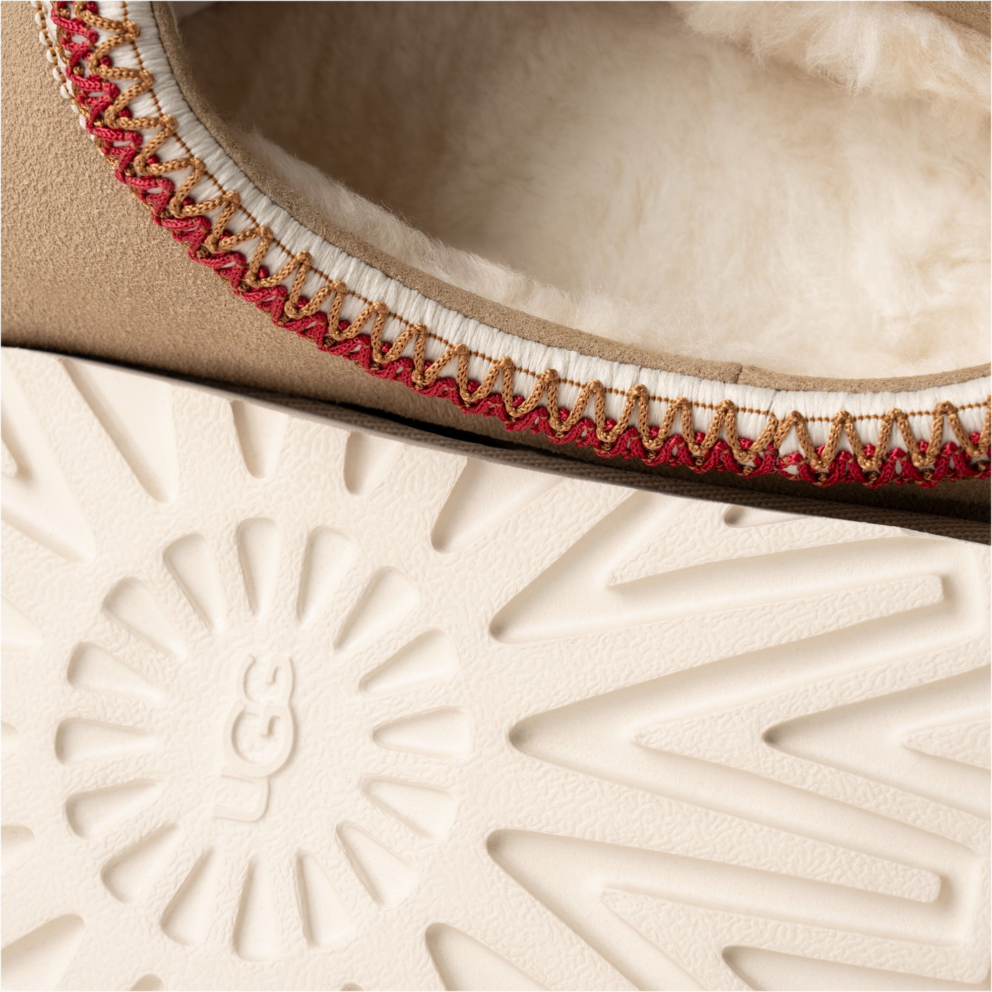 UGG® Tasman Braided Trim 5955 in Sand/Dark Cherry