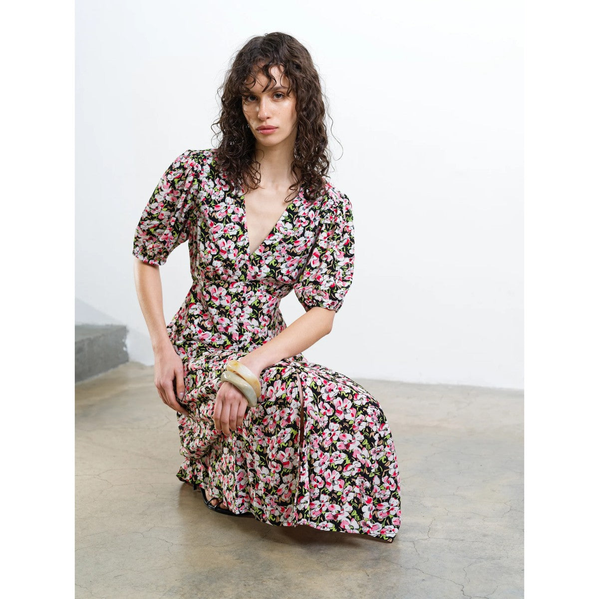 French Connection Molly Lizzie Puff SLeeve Tea Dress In Floral Multi