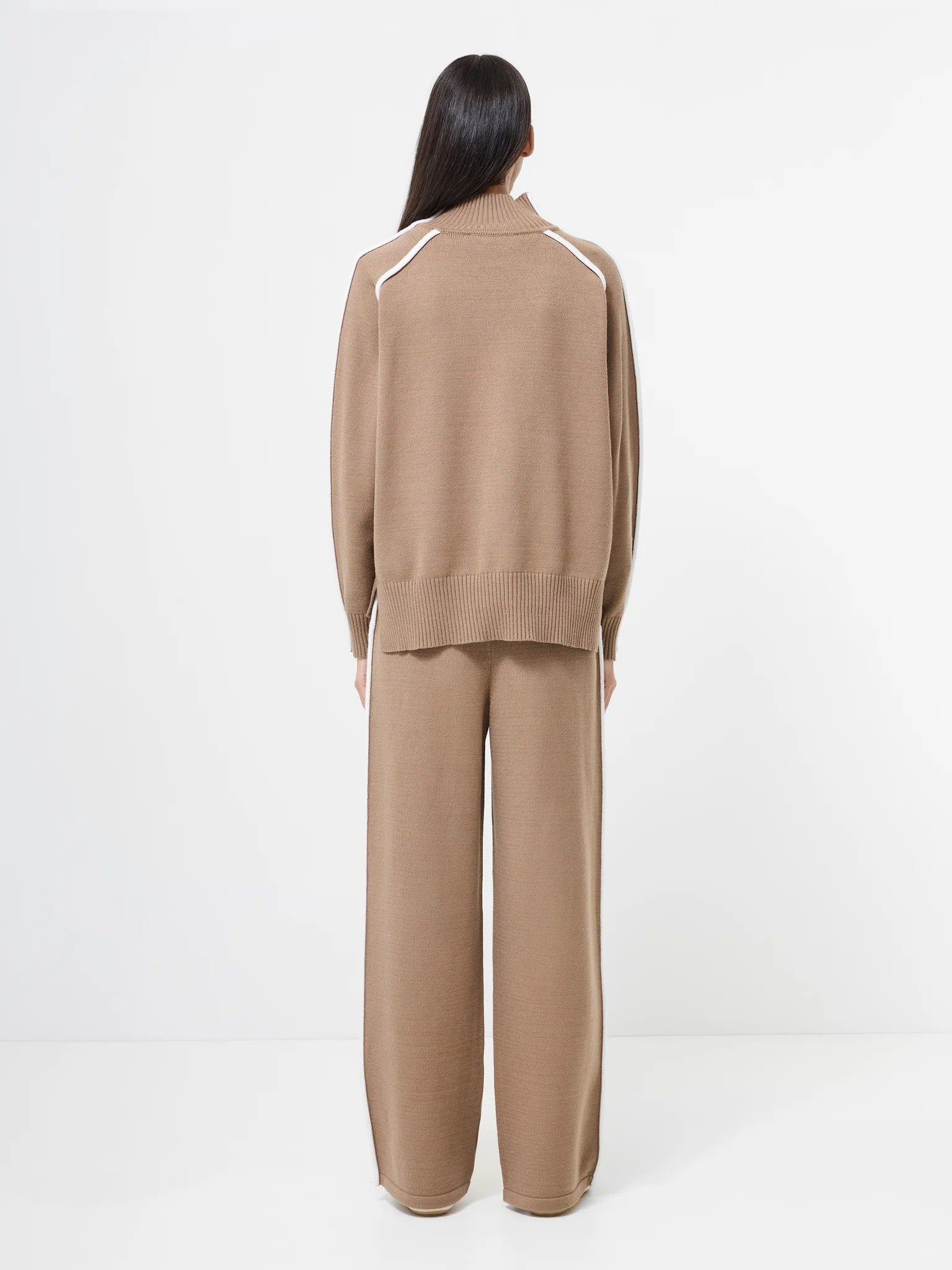 French Connection Jordan high neck jumper camel porcelain cream contrast piping rear view