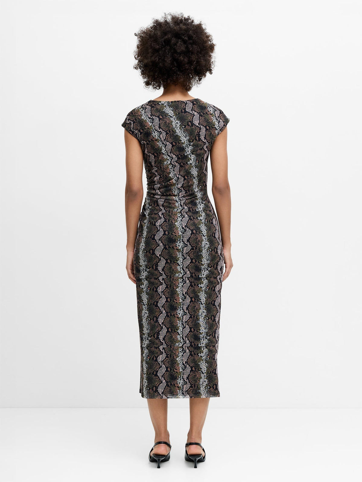 French Connection Lola Snakeskin Ruched Mesh Midi Dress In Black Multi 71-W26-0100