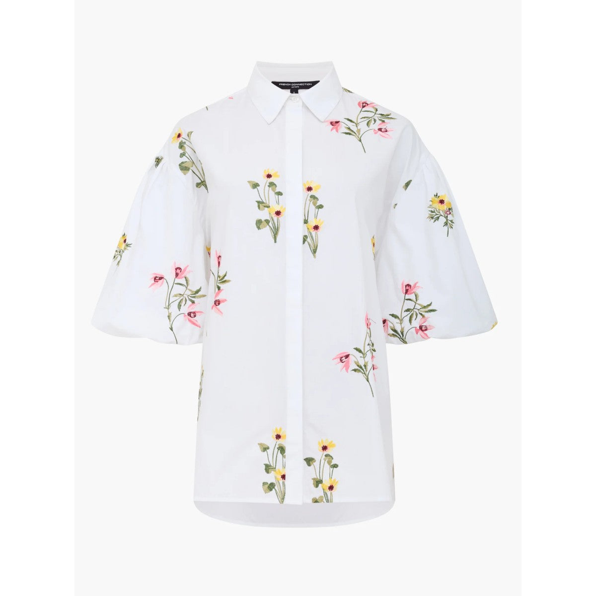 French Connection Cambria Cotton Floral Embroidered Puff Sleeve Shirt In Linen White