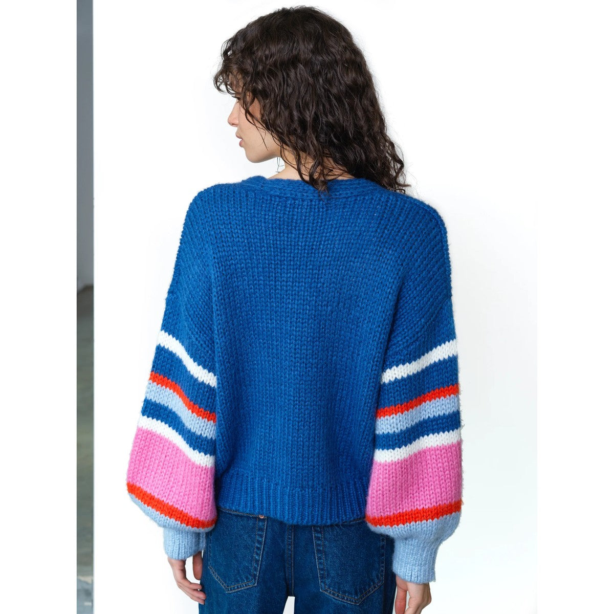 French Connection Monroe Coloured Sleeve Cardigan In Azure Blue Multi