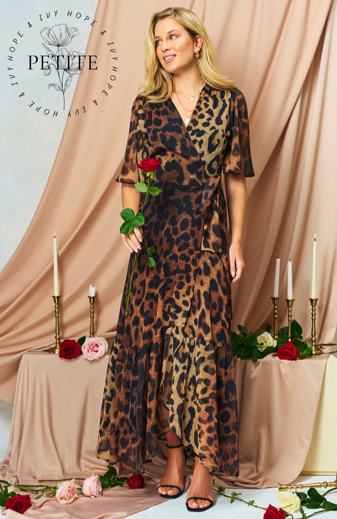 Hope &amp; Ivy The Lexi Petite Flutter Sleeve Maxi Wrap Dress with Tie Waist In Leopard Print