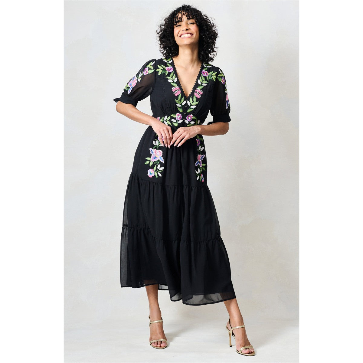 Hope &amp; Ivy The April Embroidered Tie Sleeve Midi Dress In Black