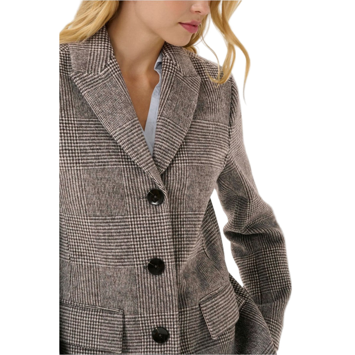 Plaid blazer worn by a person on a white background